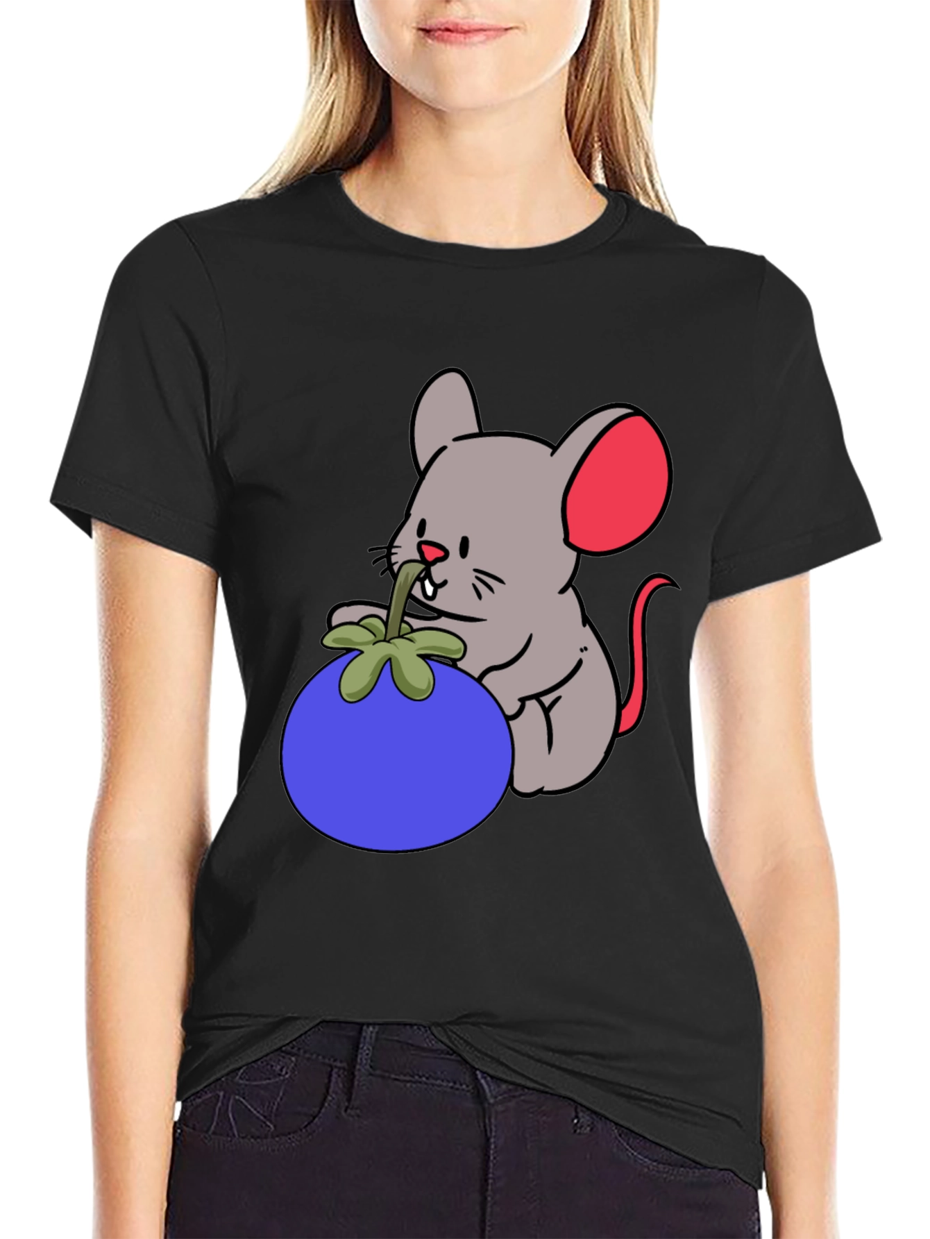 Black Cartoon Mouse & Berry Graphic Black T-Shirt view 2