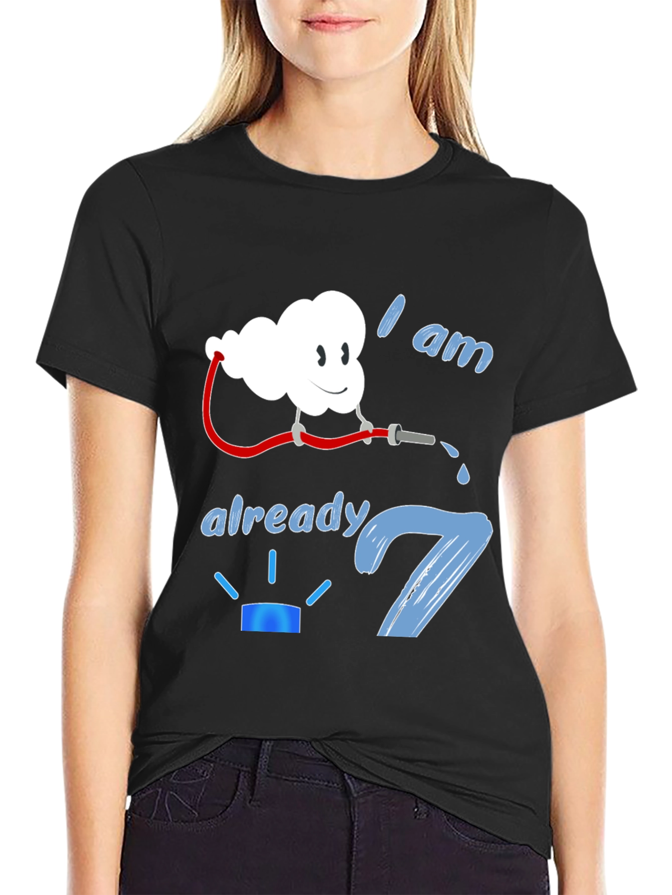 Black I am Already 7 Birthday Firefighter Cloud Black T-Shirt view 2