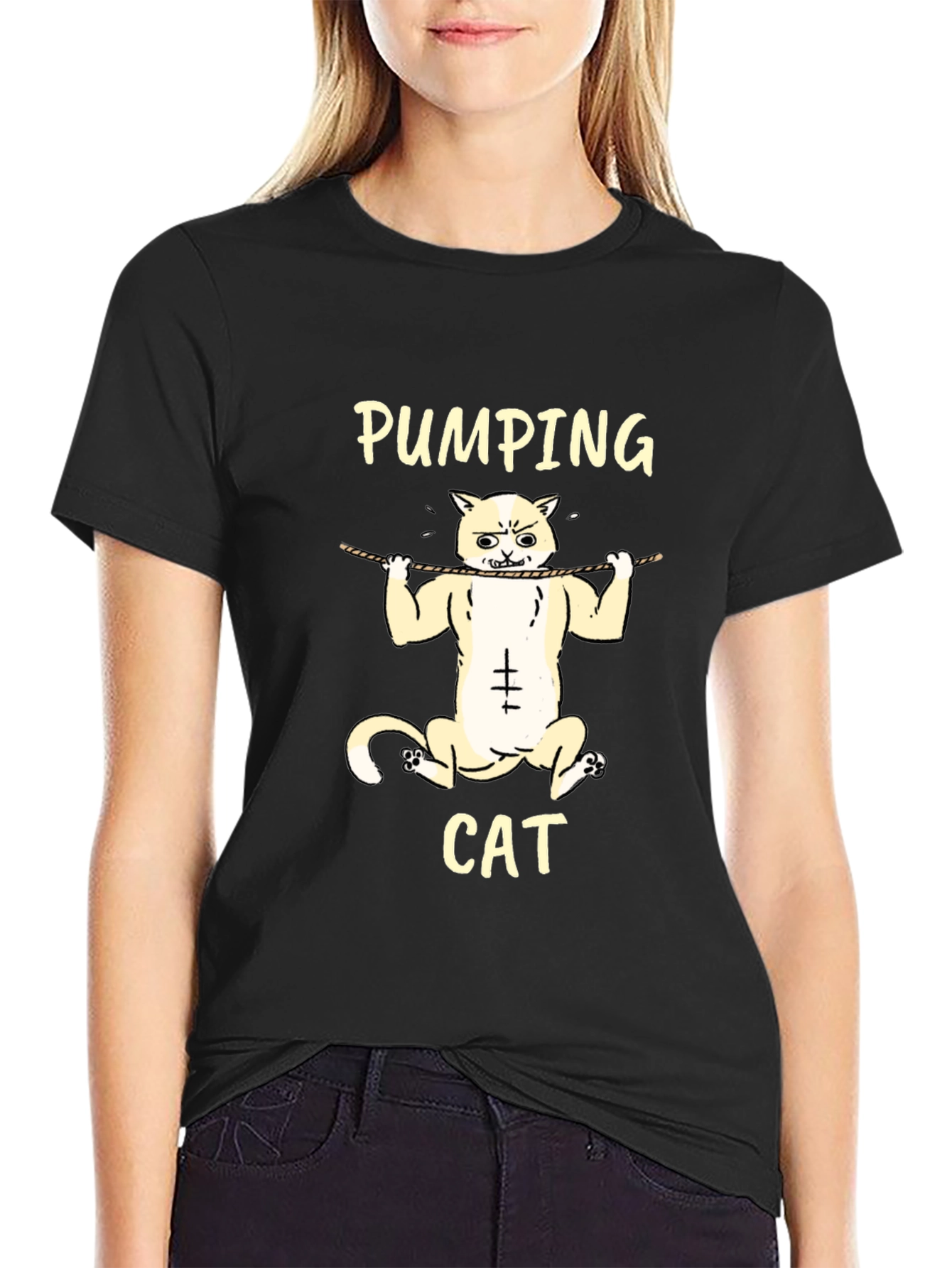 Black Pumping Cat Graphic T-Shirt - Gym Humor Tee view 2