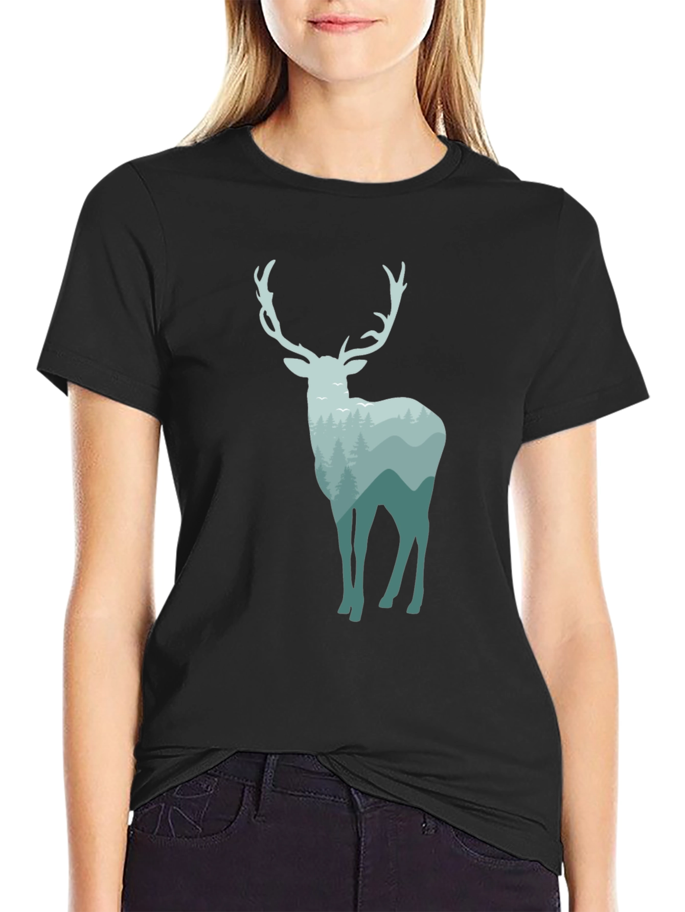 Black Nature Deer Graphic Tee - Black Cotton Blend view 2