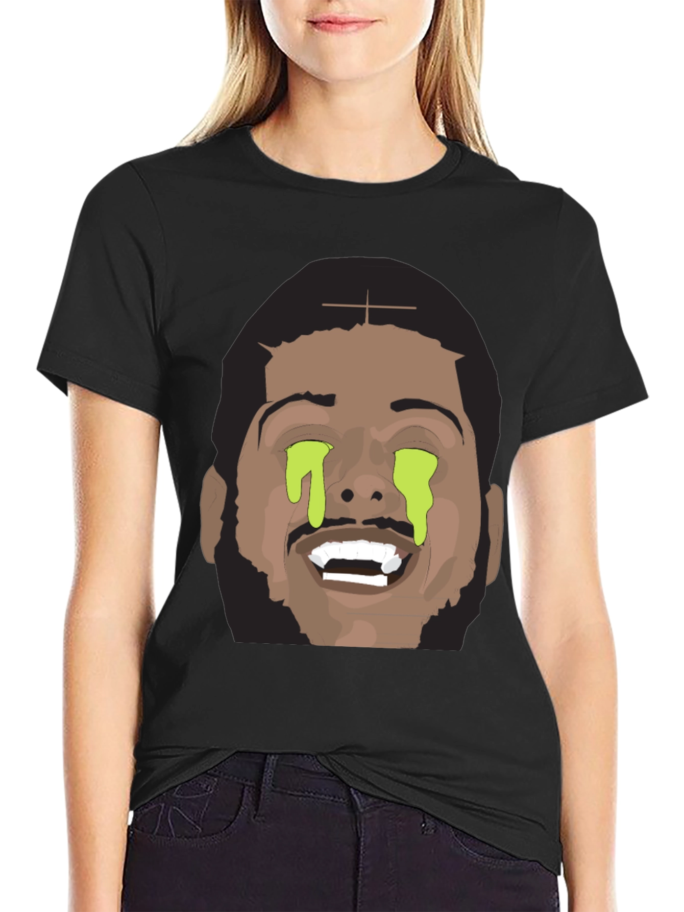 Black Graphic Tee with Dripping Eyes Design view 2