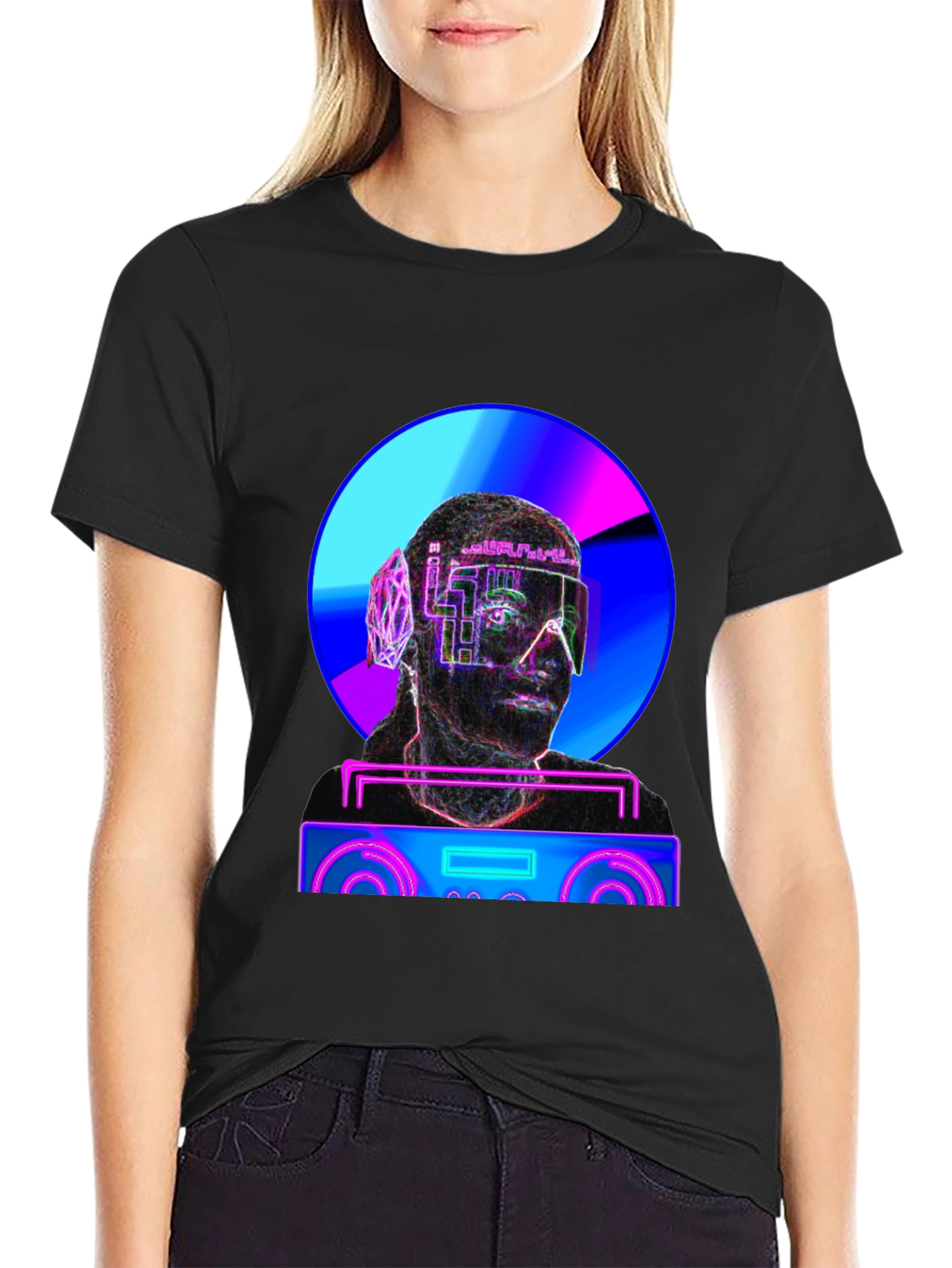 Black Cyberpunk DJ T-Shirt - Futuristic Neon Design view 2
