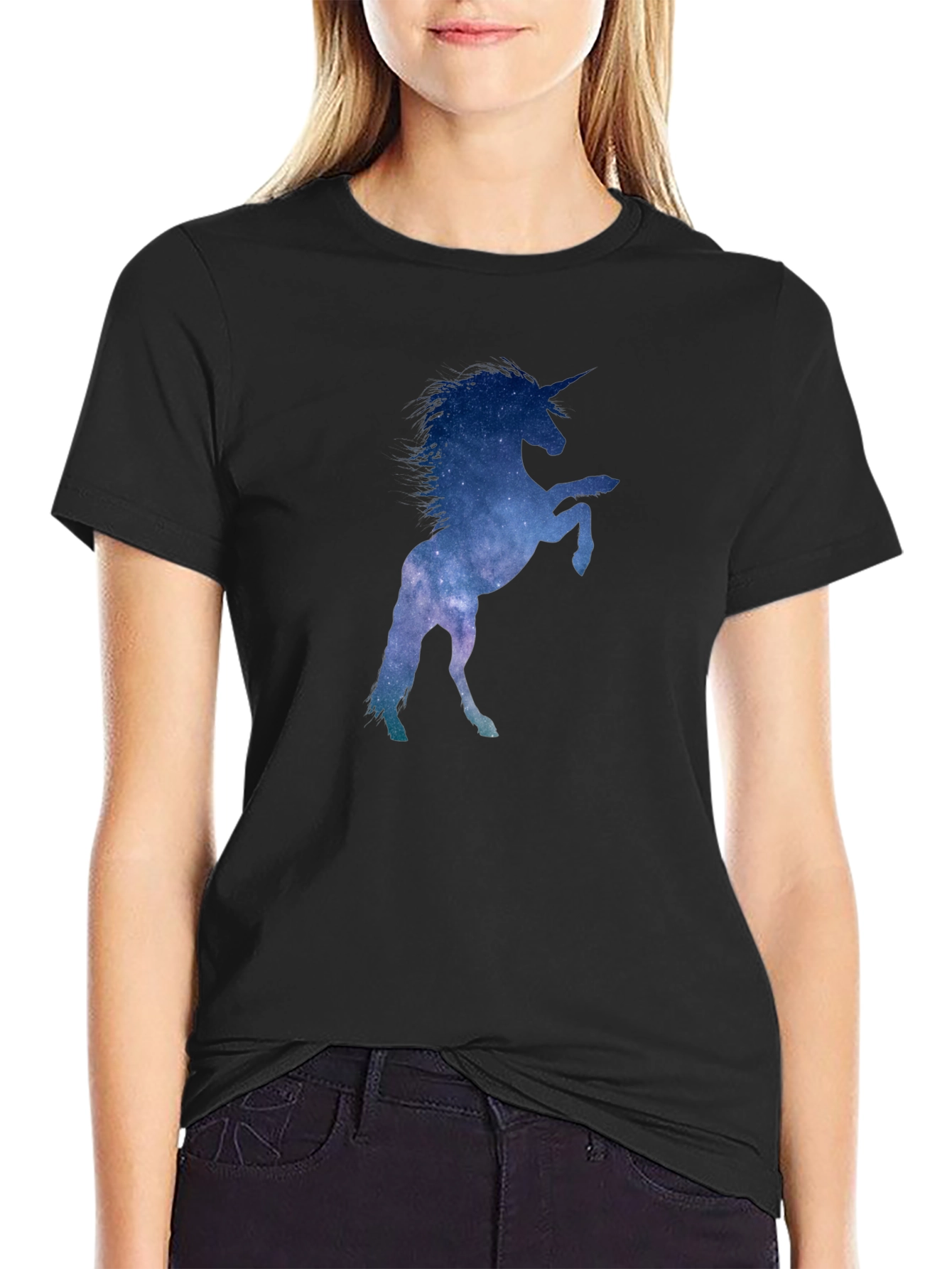 Black Unicorn Galaxy Silhouette T-Shirt - Black Cotton Tee view 2