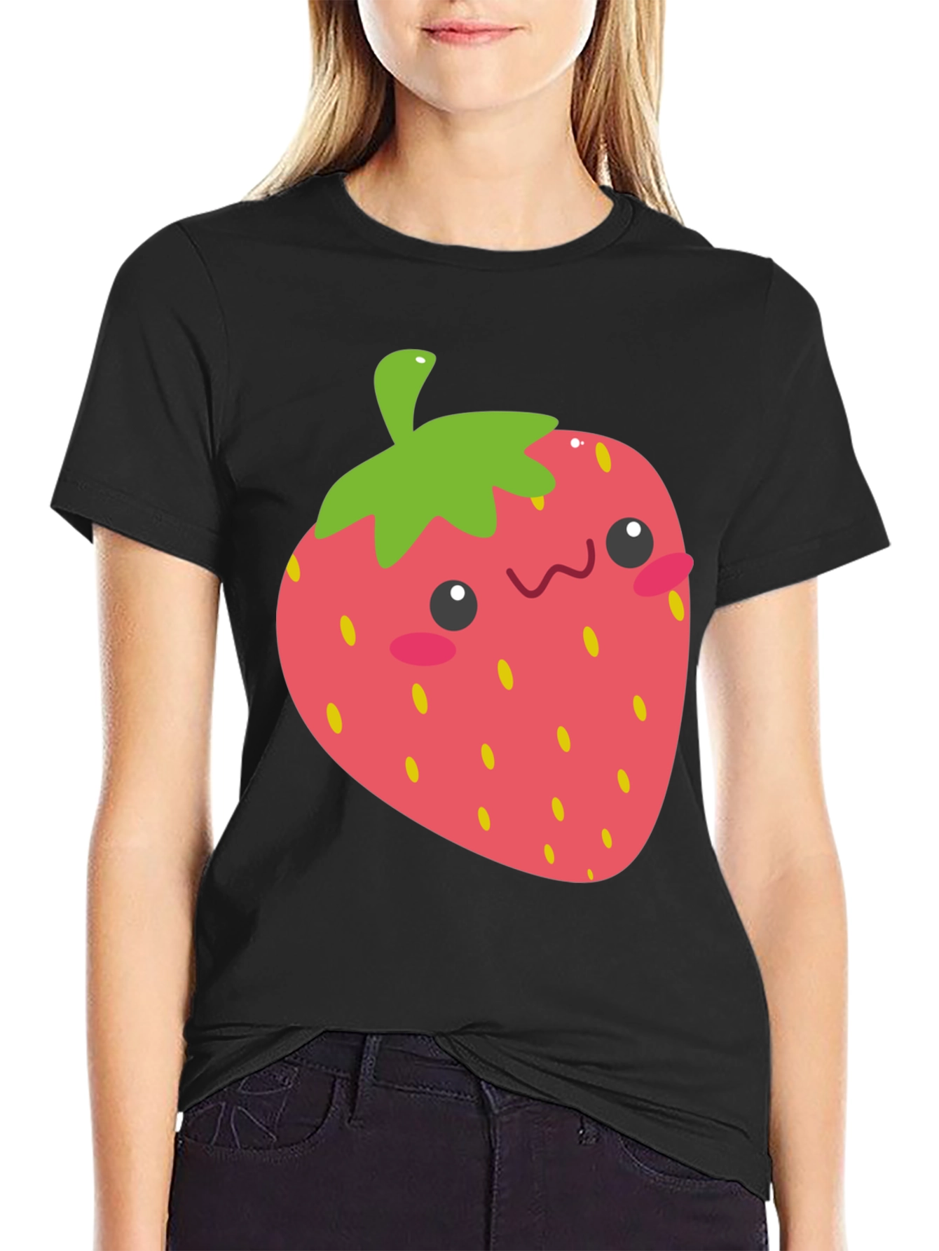 Black Cute Strawberry Graphic Tee - Black Cotton T-Shirt view 2
