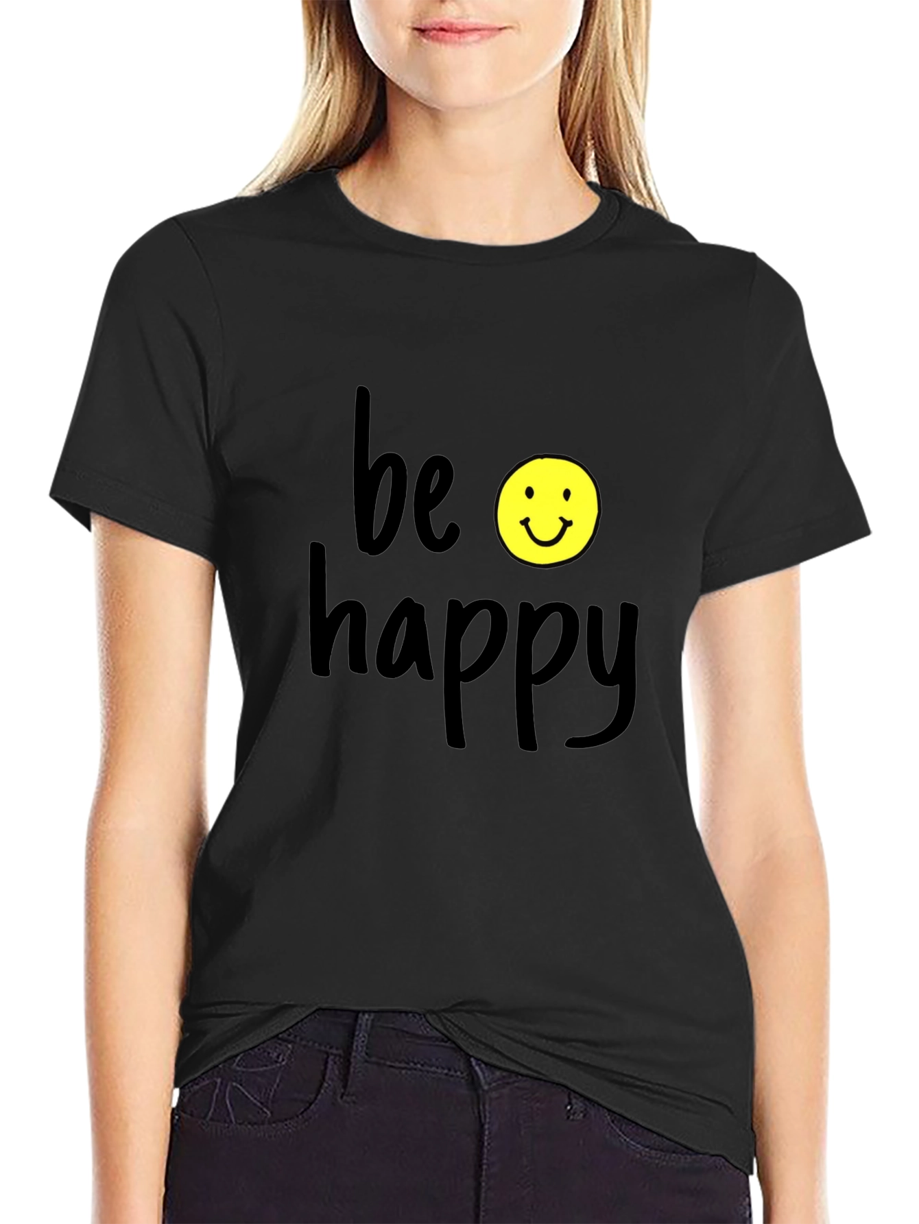 Black Be Happy Graphic Tee - Black Casual T-Shirt view 2
