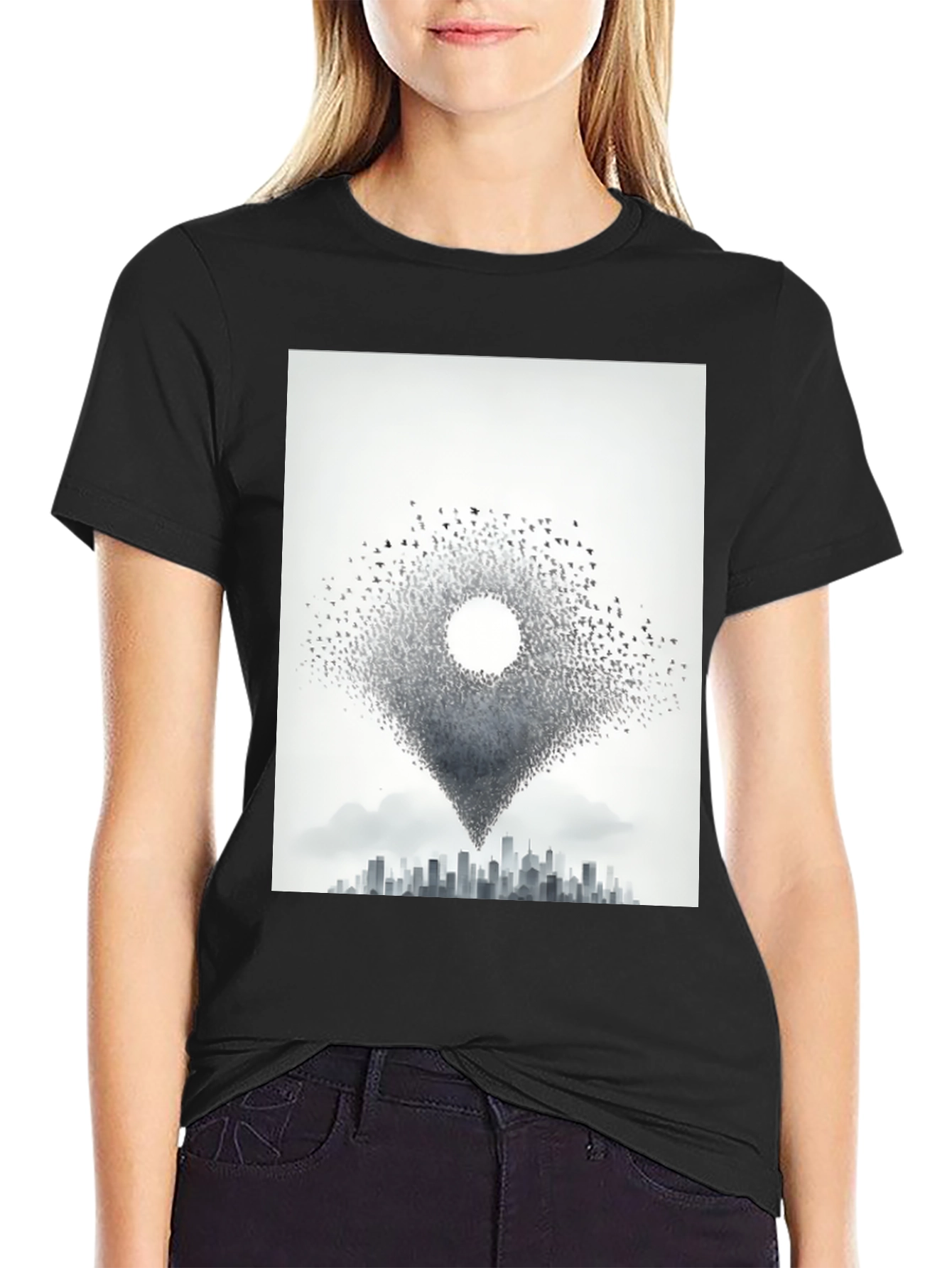Black Urban Migration T-Shirt - Bird Cityscape Tee view 2