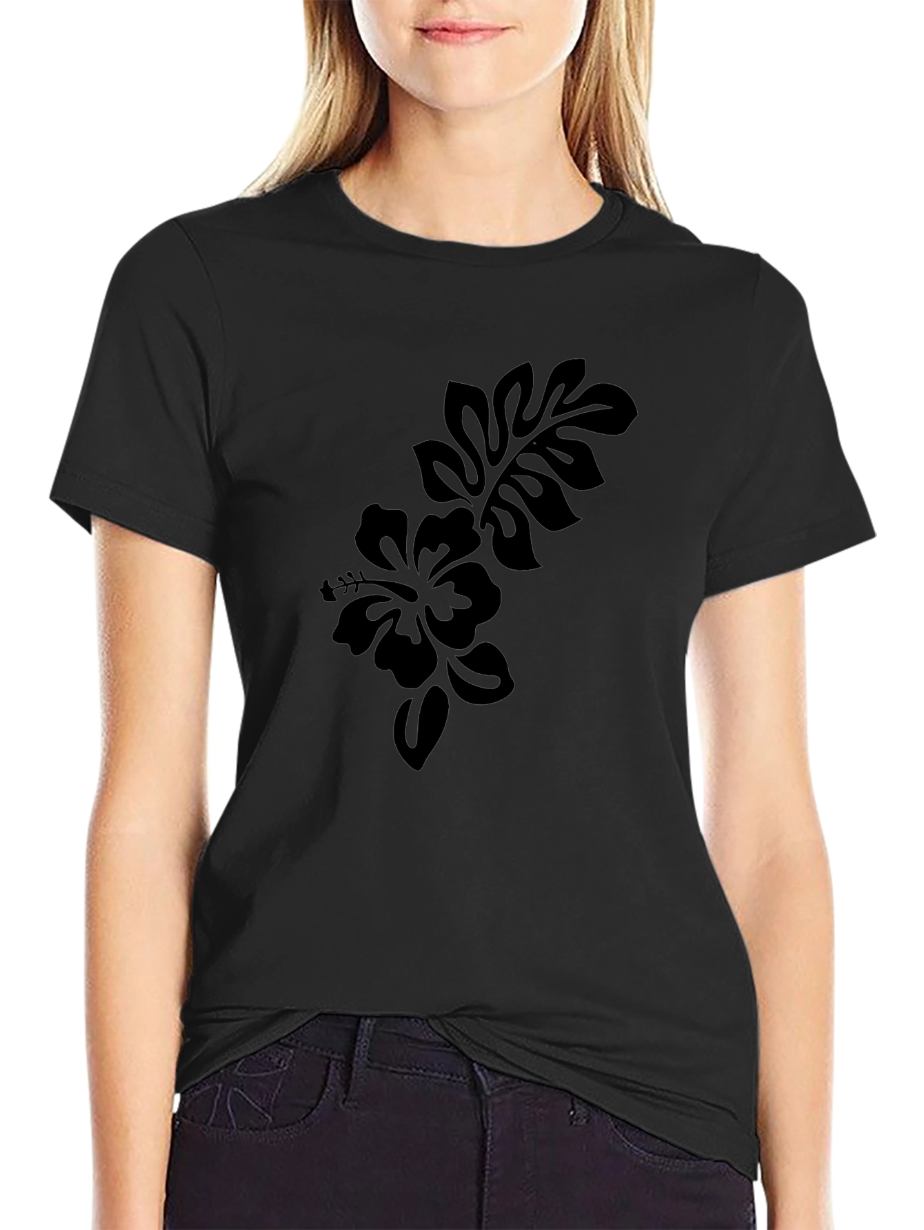 Black Men's Black Hibiscus Flower Graphic Tee view 2
