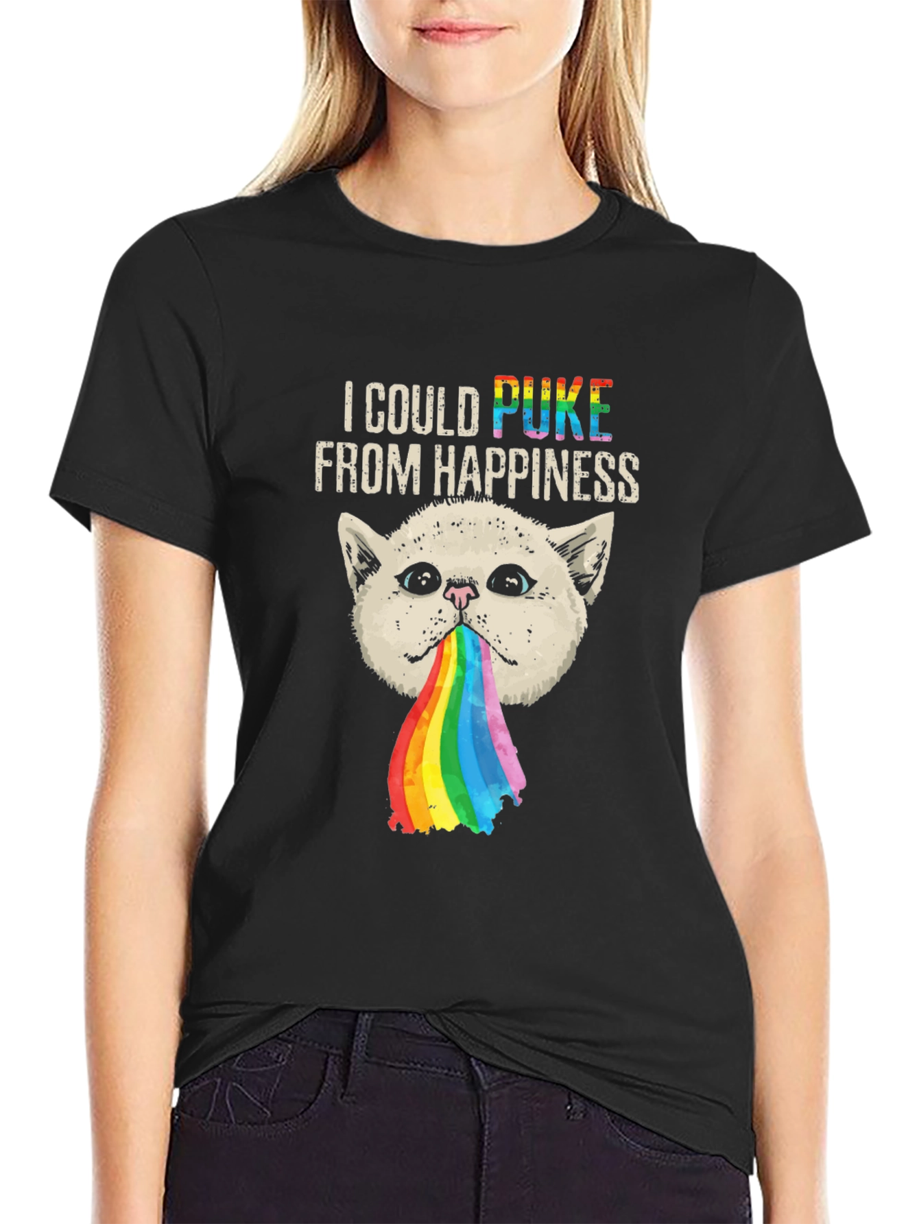 Black Rainbow Puke Cat Graphic Tee view 2