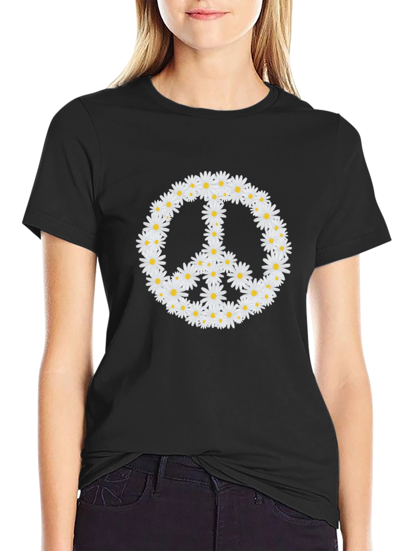 Black Daisy Peace Sign Black T-Shirt view 2