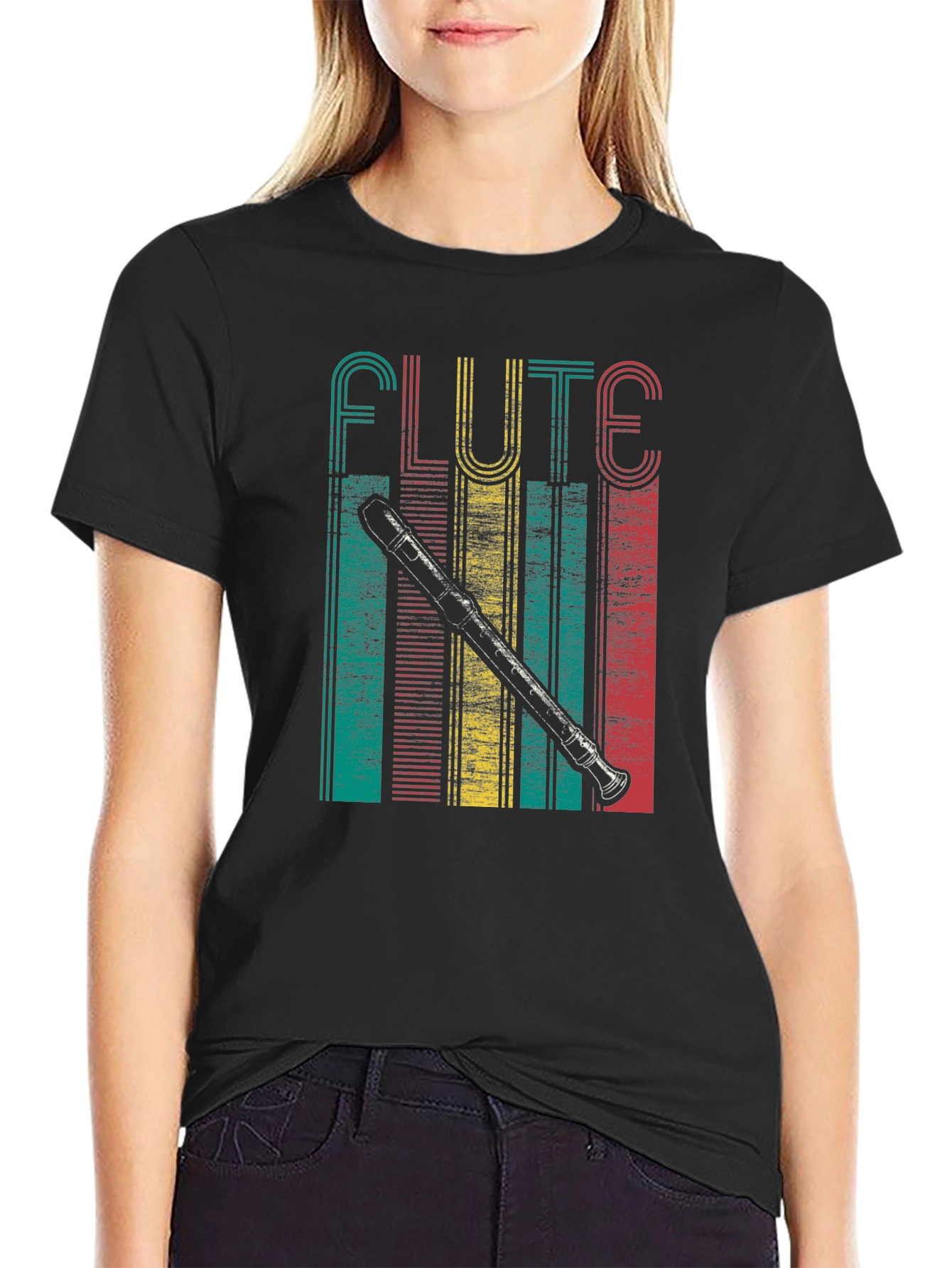 Black Retro Flute Player T-Shirt view 2