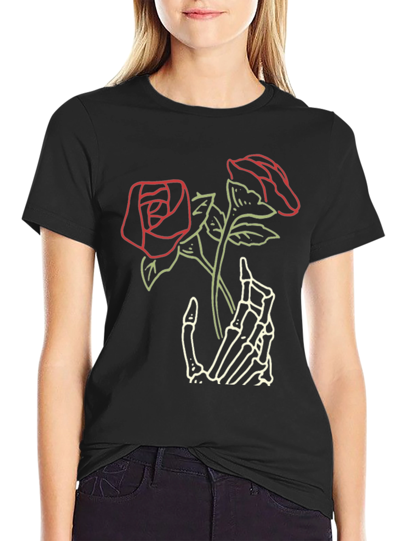 Black Skeleton Hand Roses Graphic Tee - Dark Aesthetic view 2