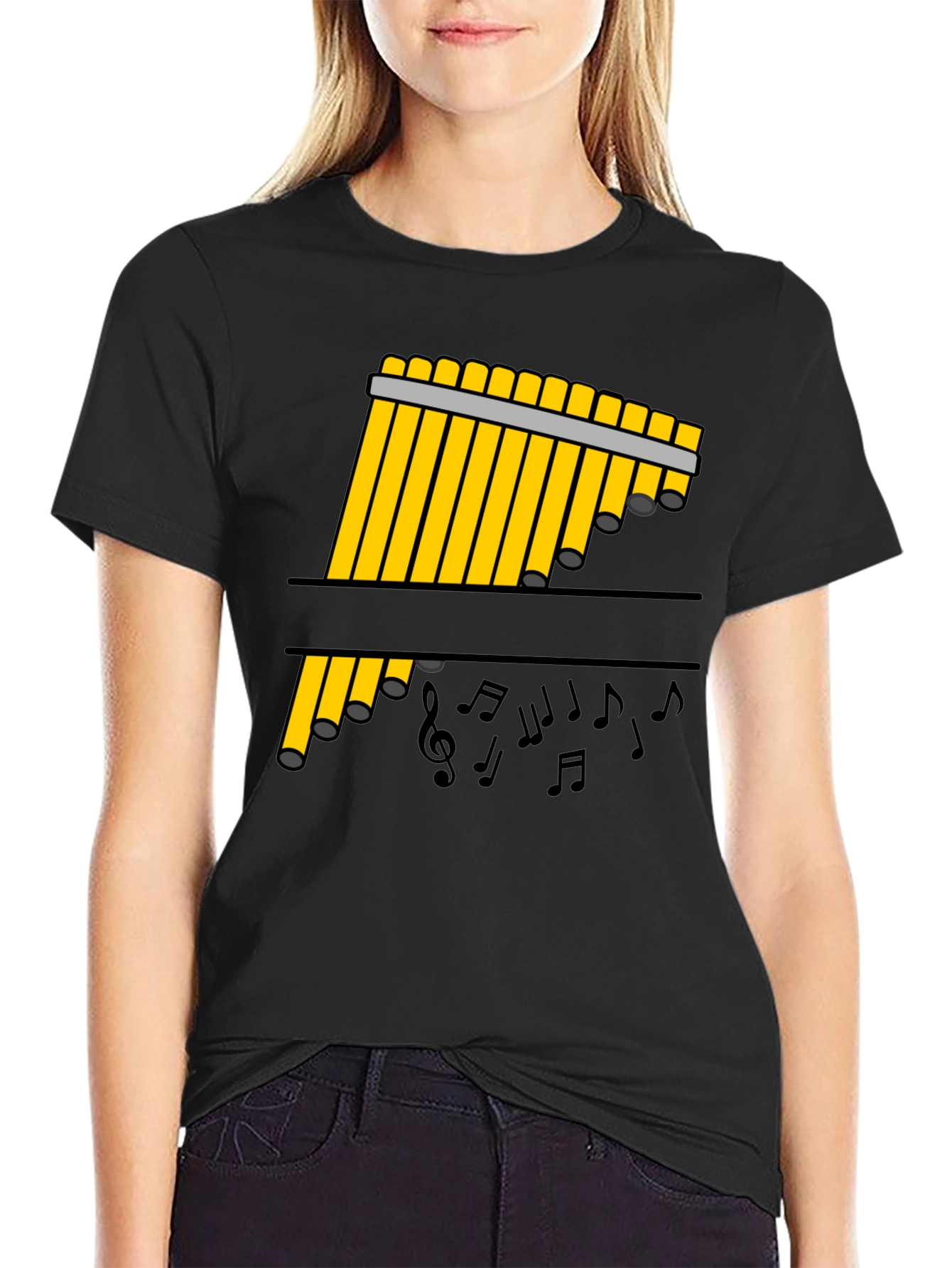 Black Pan Flute Music Notes Black Graphic Tee view 2
