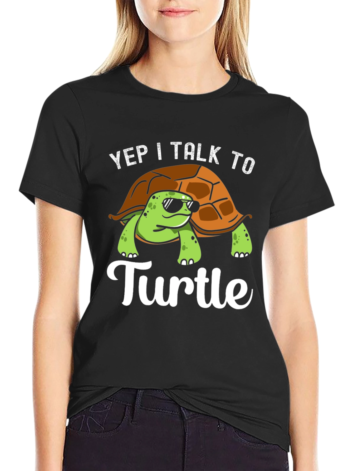 Black Yep I Talk to Turtle Graphic T-Shirt view 2