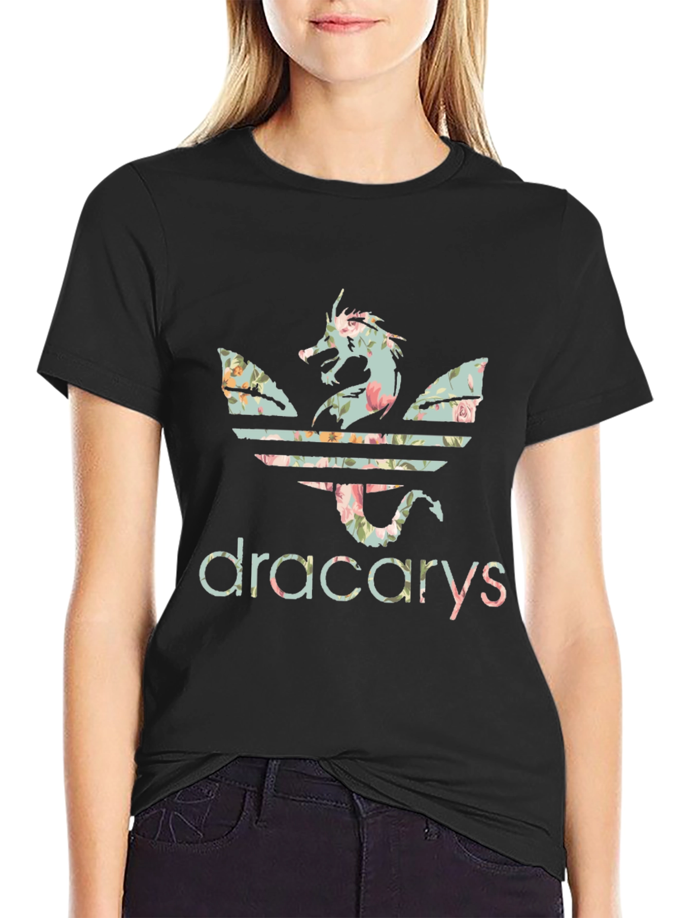Black Dracarys Floral Dragon T-Shirt view 2