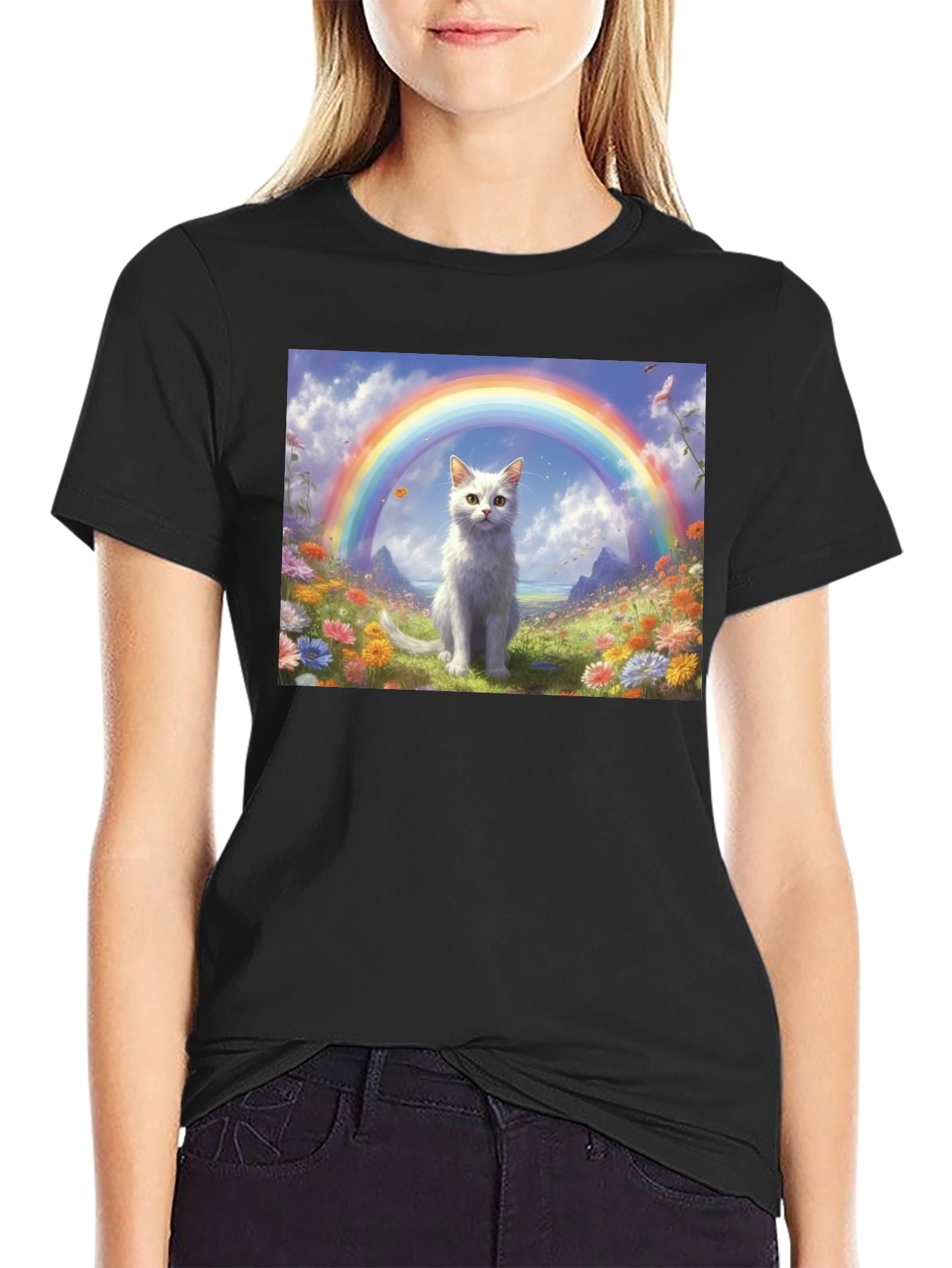 Black Cat Rainbow Field T-Shirt - Unique Design view 2