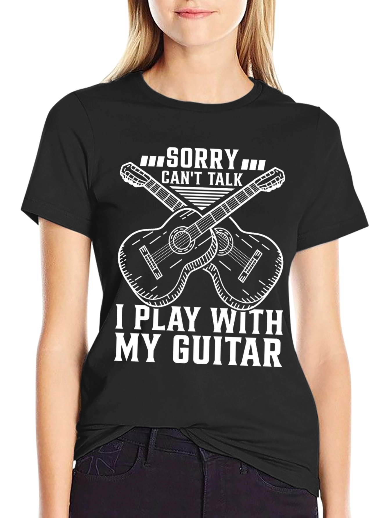 Black Guitar Player T-Shirt: Sorry, Can't Talk view 2
