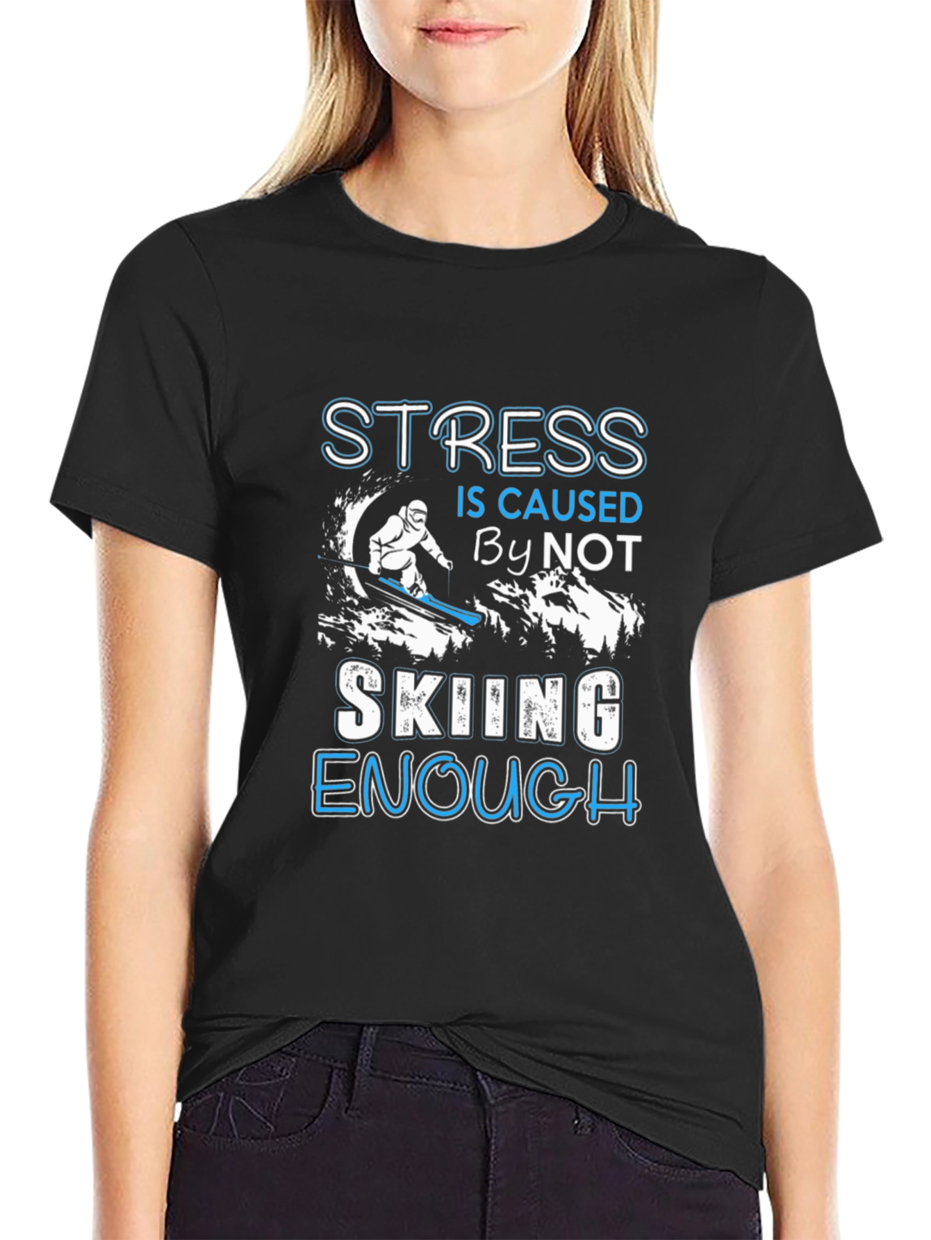 Black Skiing Enthusiast T-Shirt: Stress Relief view 2