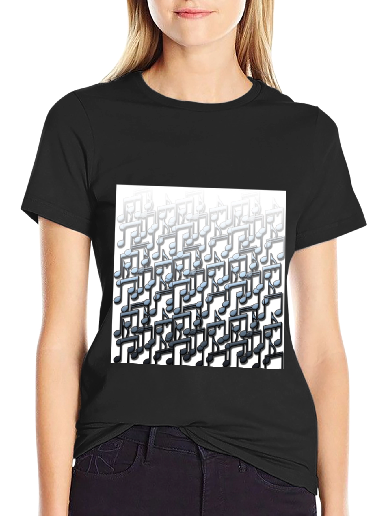 Black Musical Notes Graphic Tee - Black Cotton T-Shirt view 2