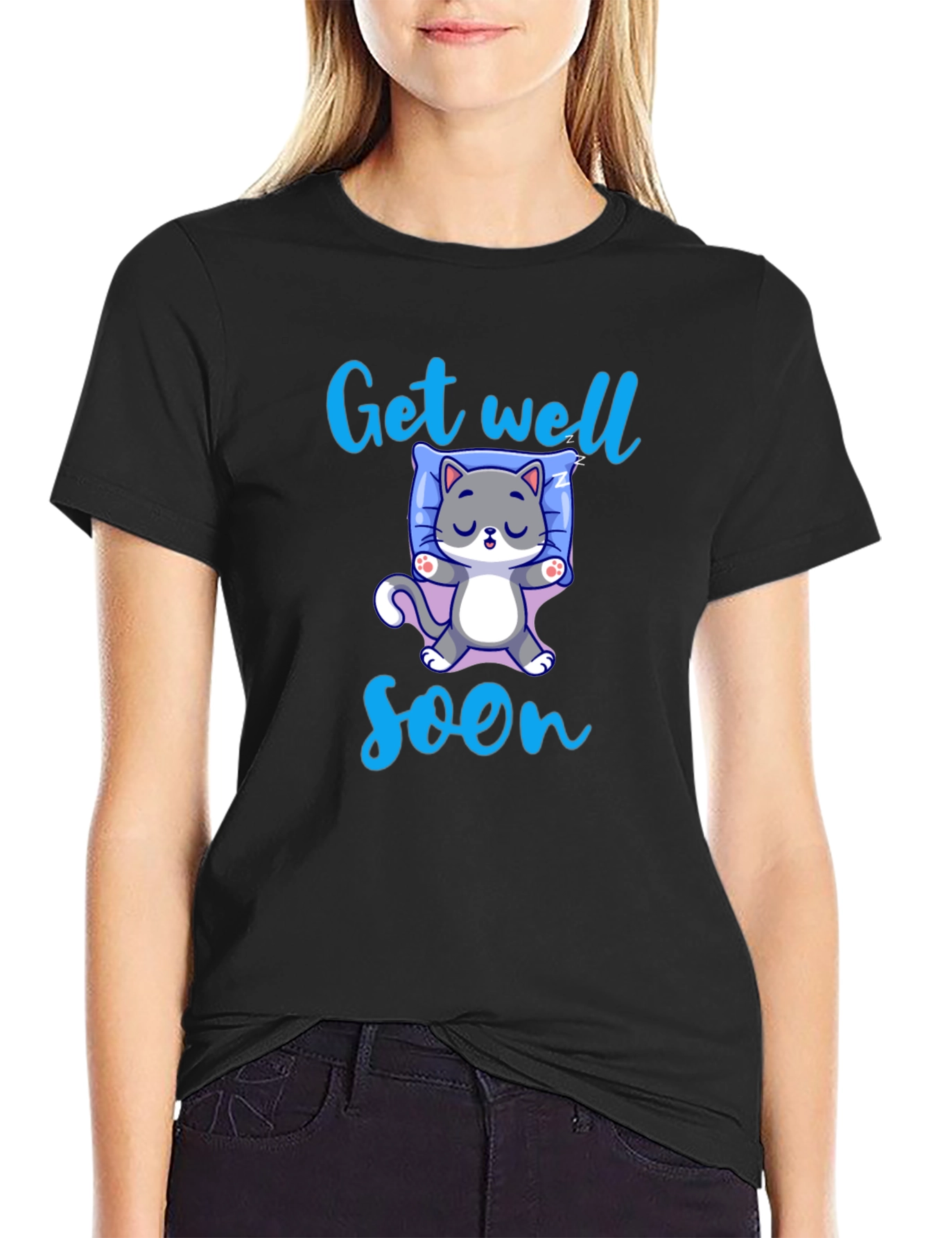 Black Get Well Soon Cute Cat T-Shirt view 2