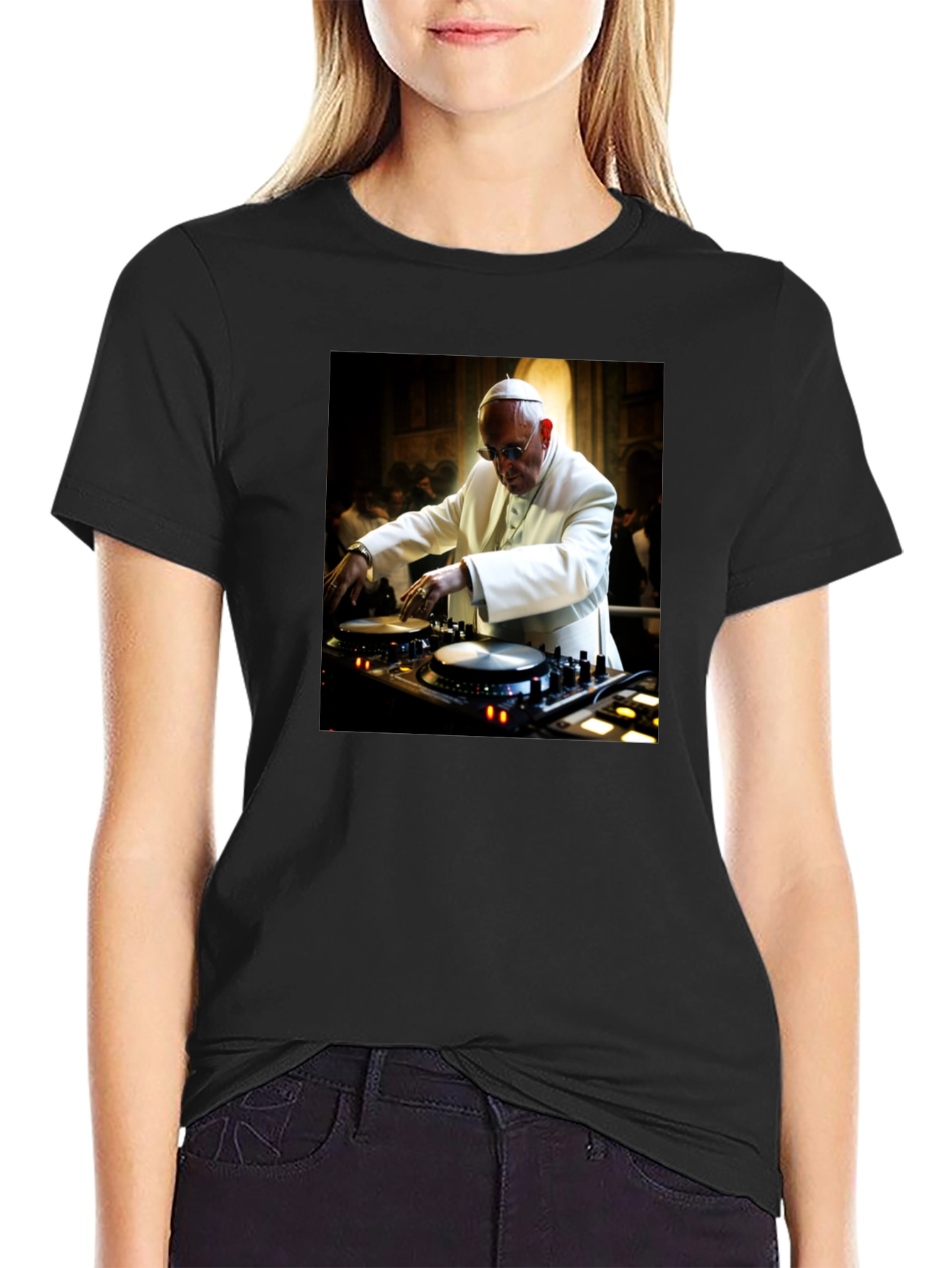 Black DJ Pope Black T-Shirt - Religious Humor view 2