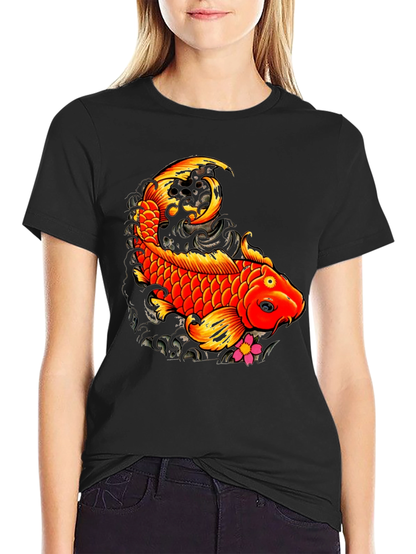 Black Koi Fish Graphic Tee - Black Casual T-Shirt view 2