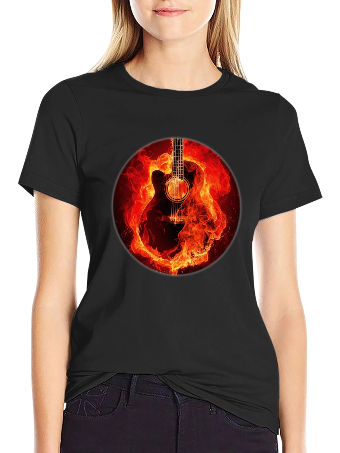 Black Fiery Guitar Graphic Tee - Black Cotton Blend view 2