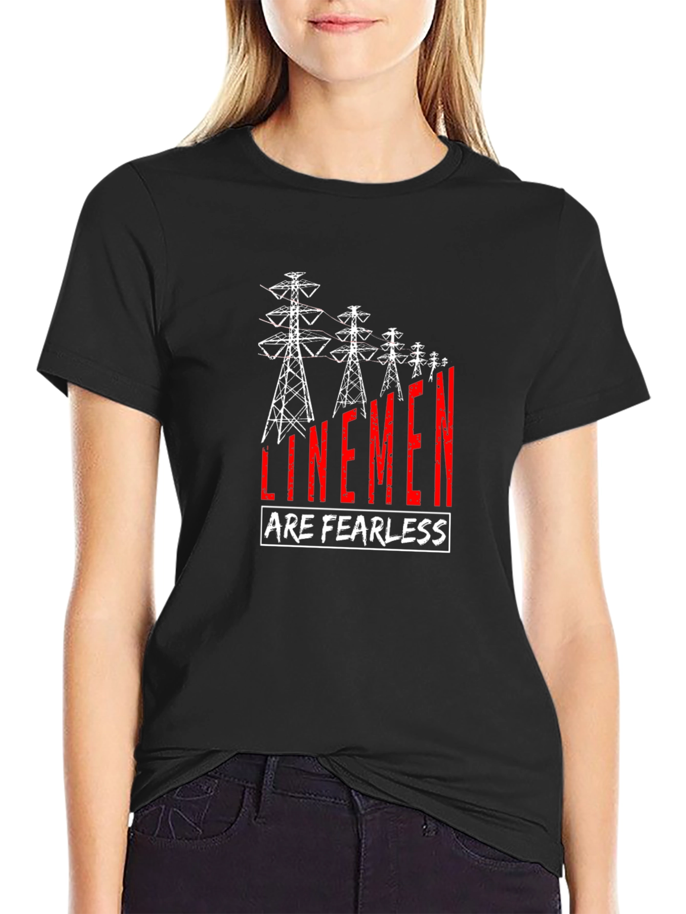Black Linemen Are Fearless T-Shirt - Black Crew Neck Tee view 2