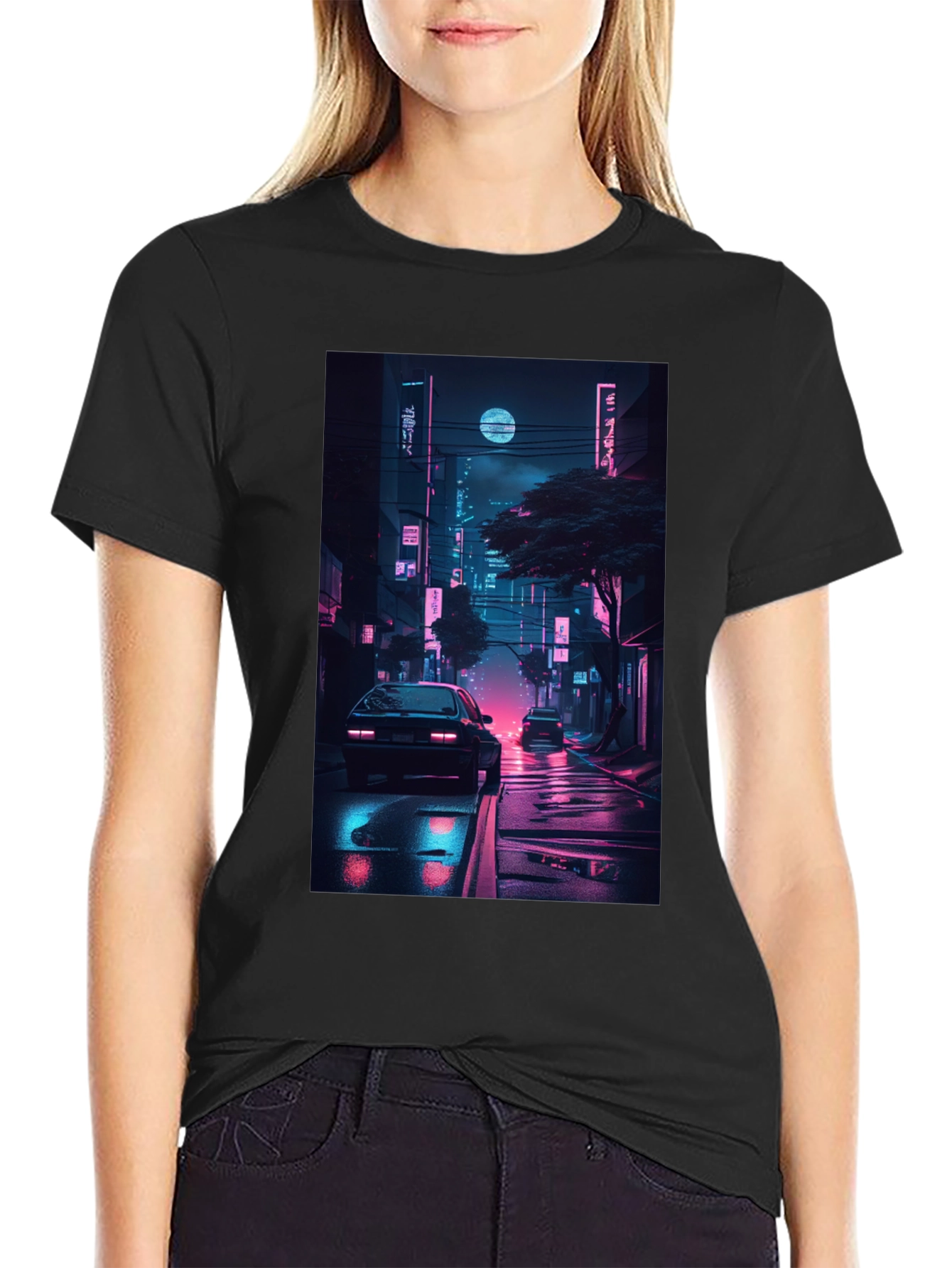 Black Neon Cityscape Graphic Tee view 2