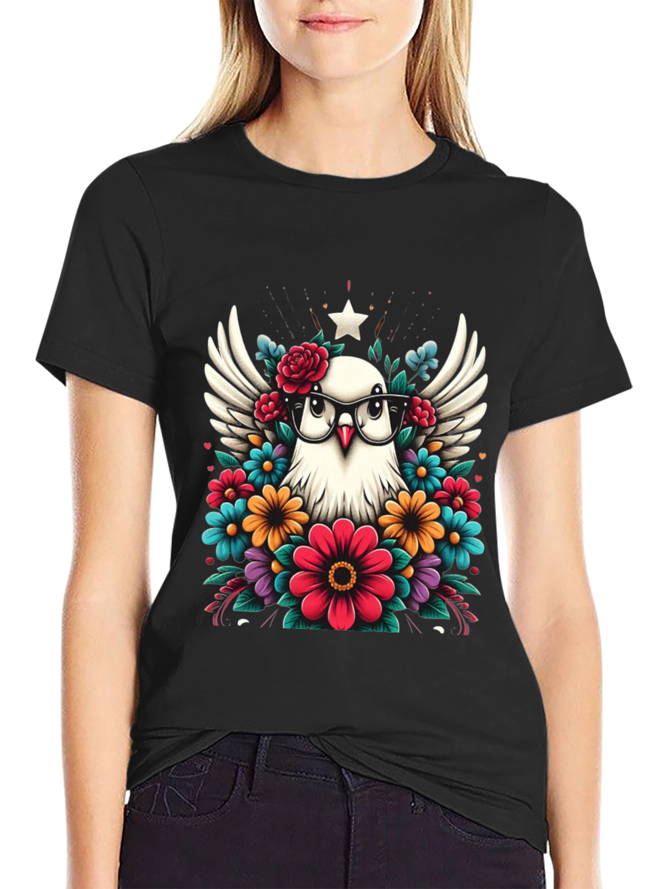 Black Dove with Floral Glasses Graphic Tee view 2