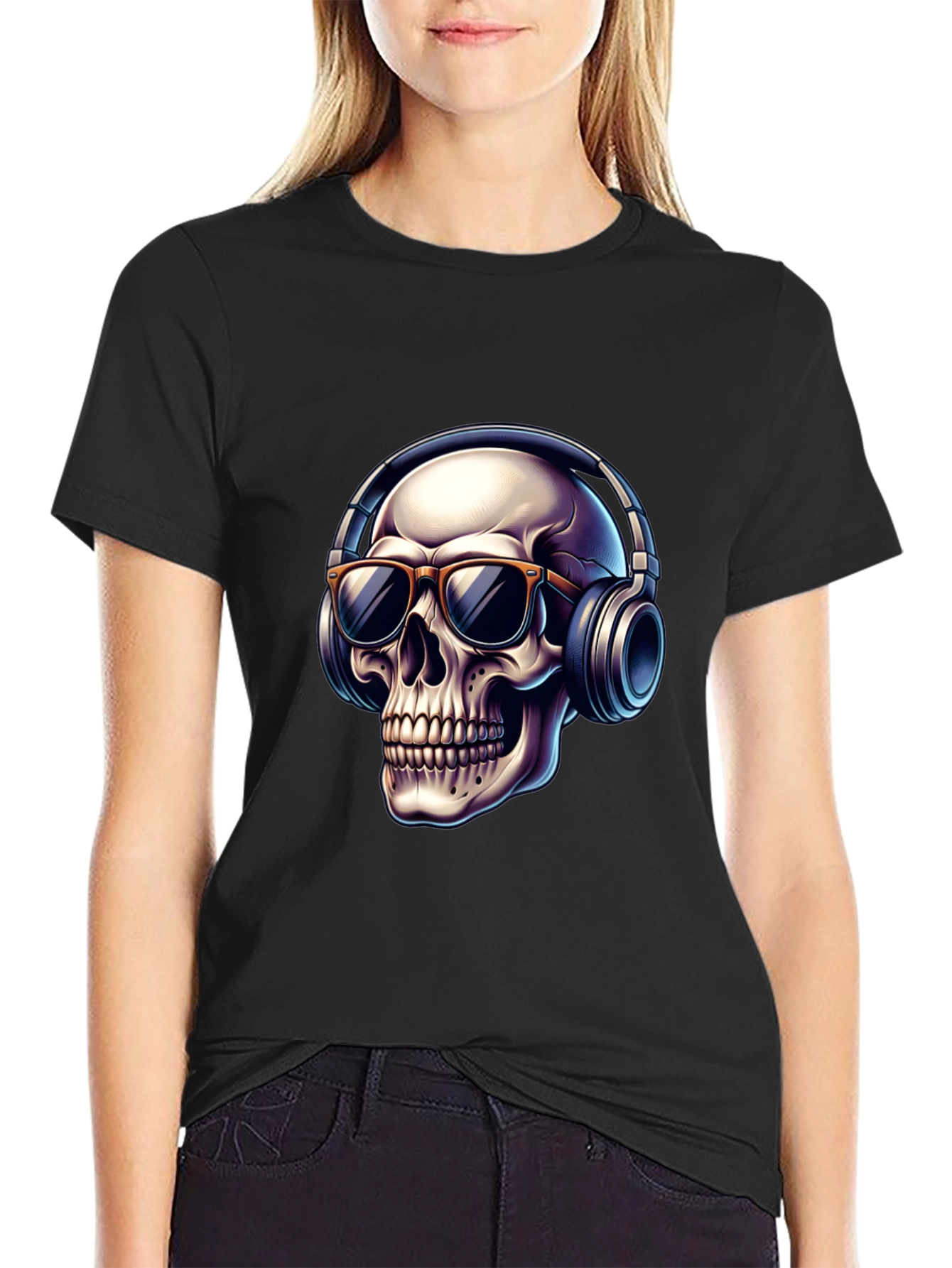 Black Skull with Headphones Graphic T-Shirt - Cool Design view 2