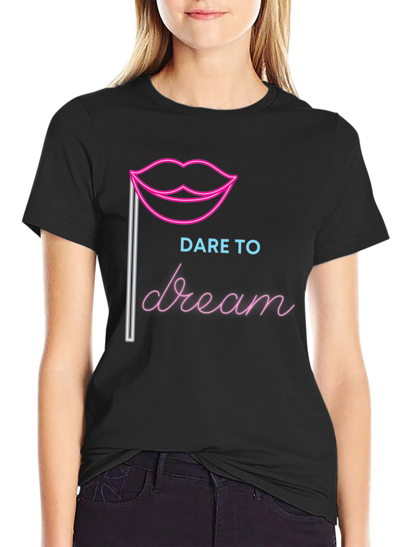 Black Dare to Dream Graphic Tee - Neon Lips Design view 2