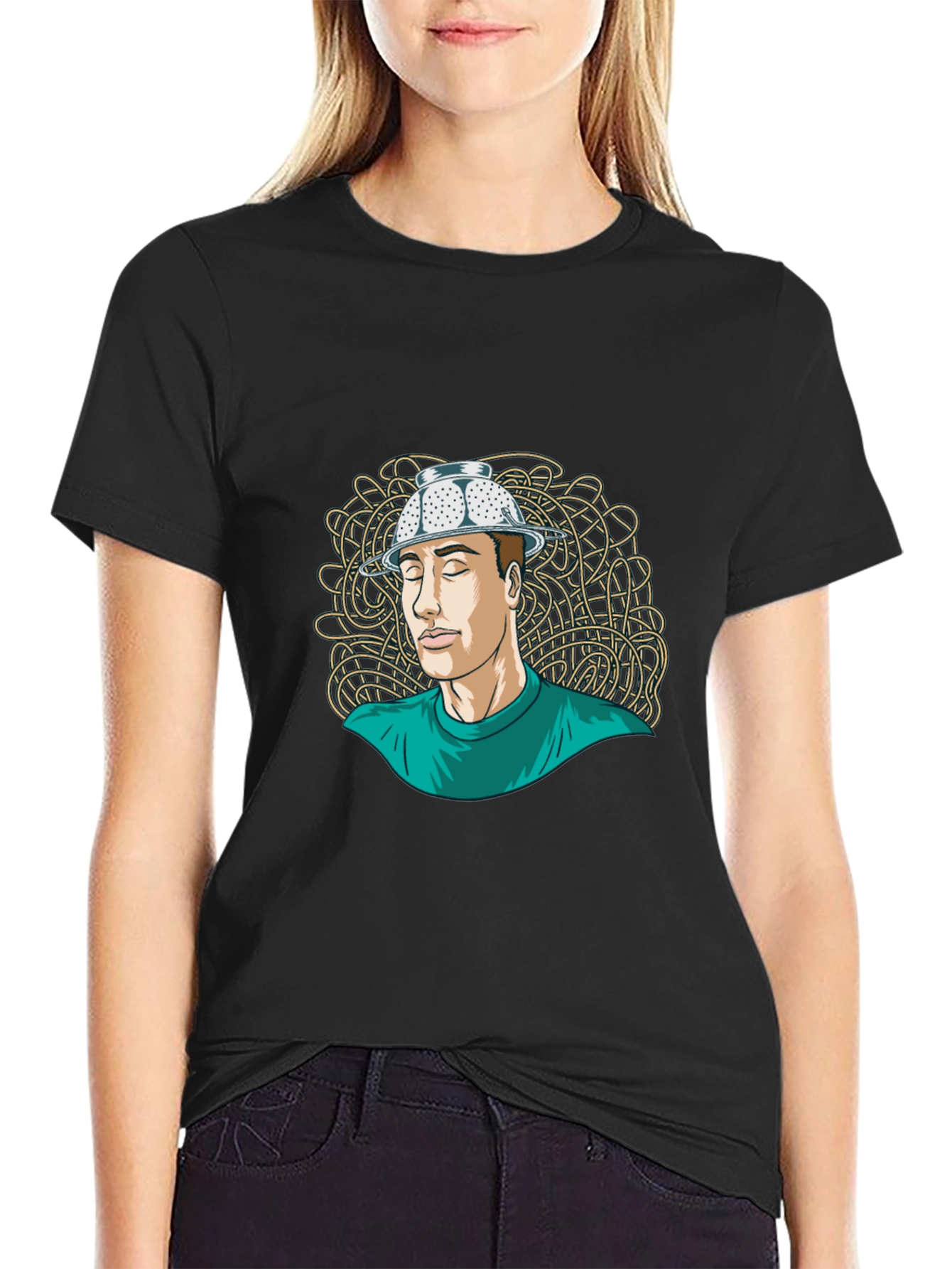 Black Colander Hat Man Tee - Quirky Graphic T-Shirt view 2