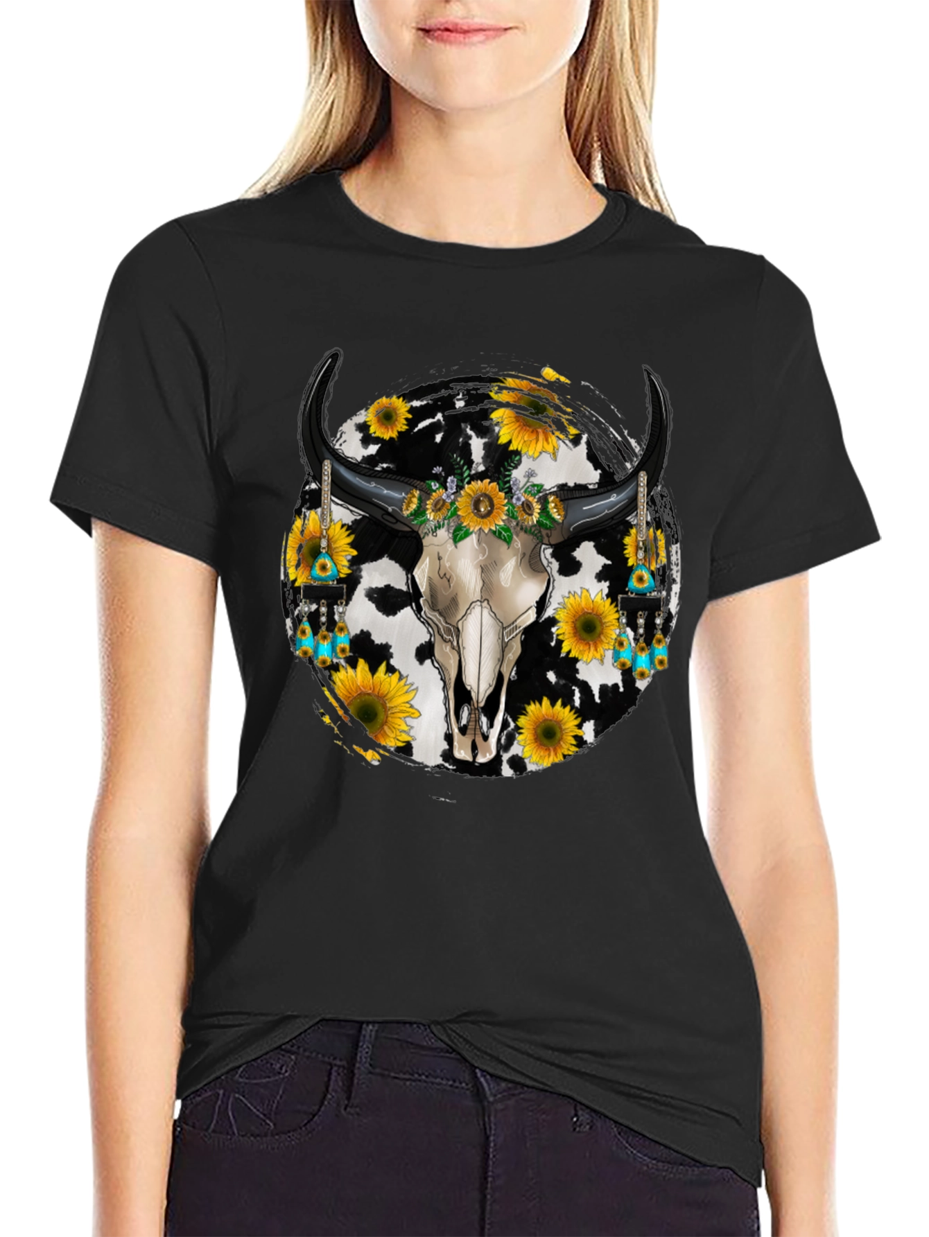 Black Cow Skull Sunflower Graphic Tee view 2
