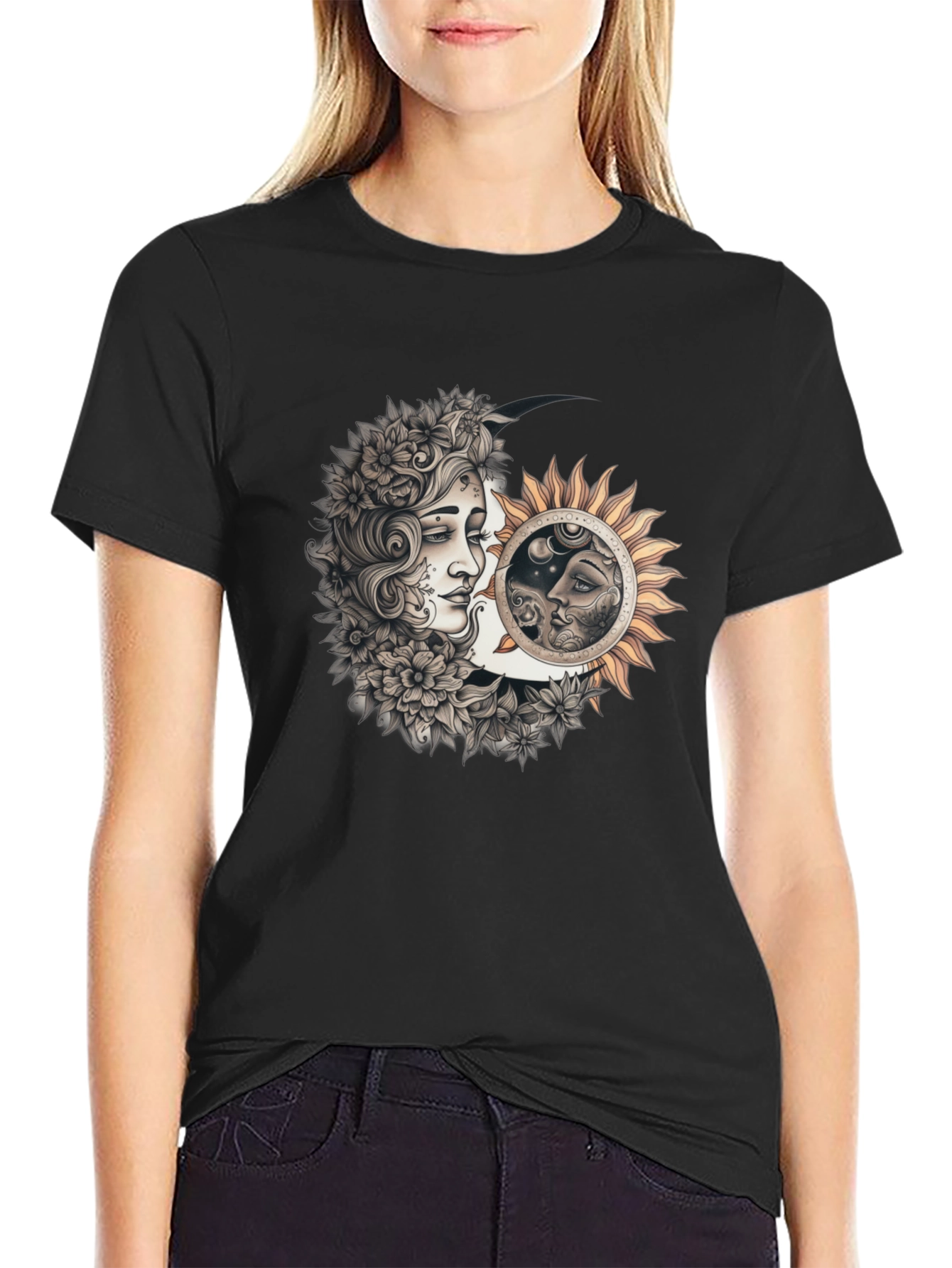 Black Celestial Moon & Sun Graphic Tee - Unisex Black T-Shirt view 2