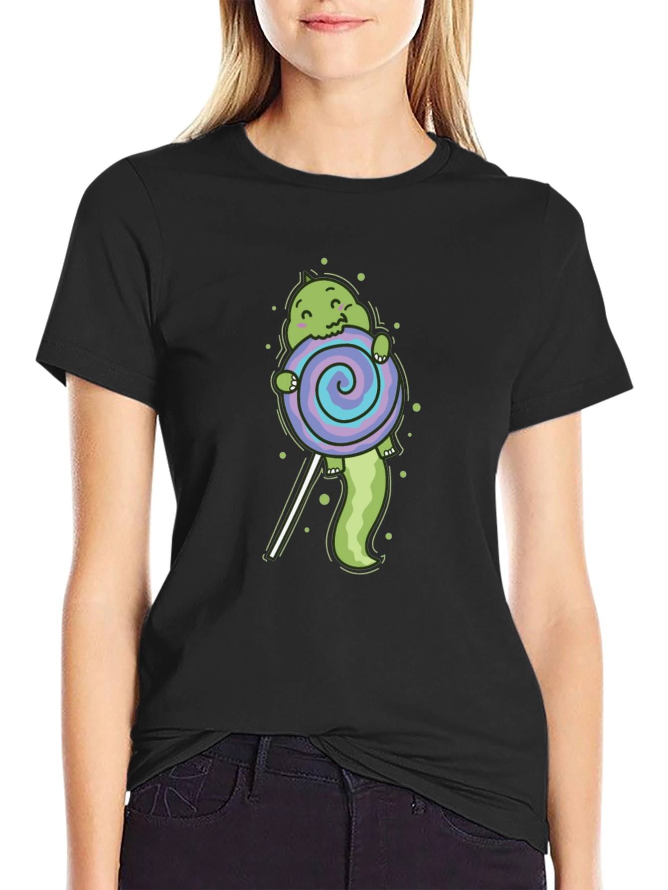 Black Cartoon Dinosaur Lollipop Graphic T-Shirt view 2