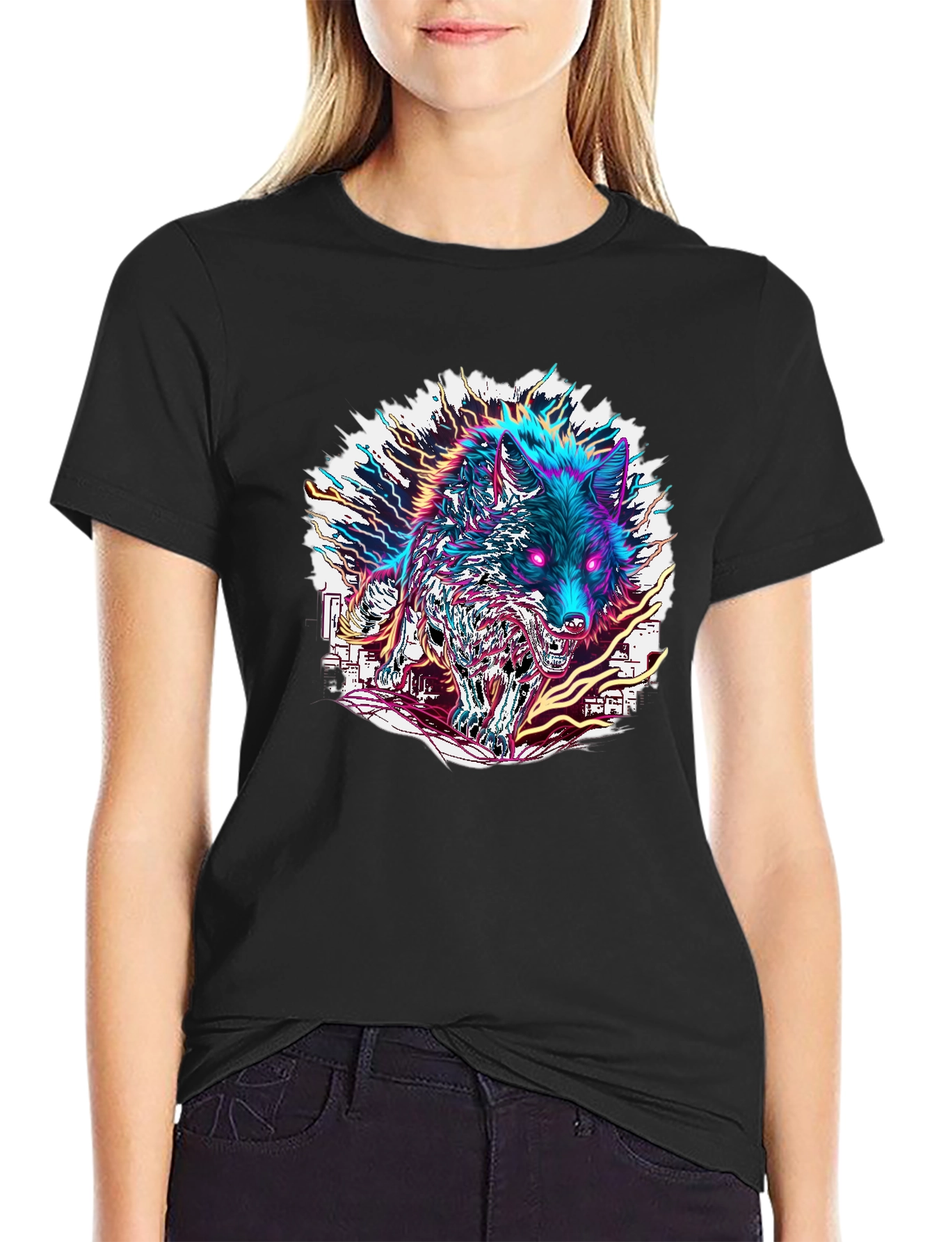 Black Neon Wolf Graphic Tee - Bold Style view 2