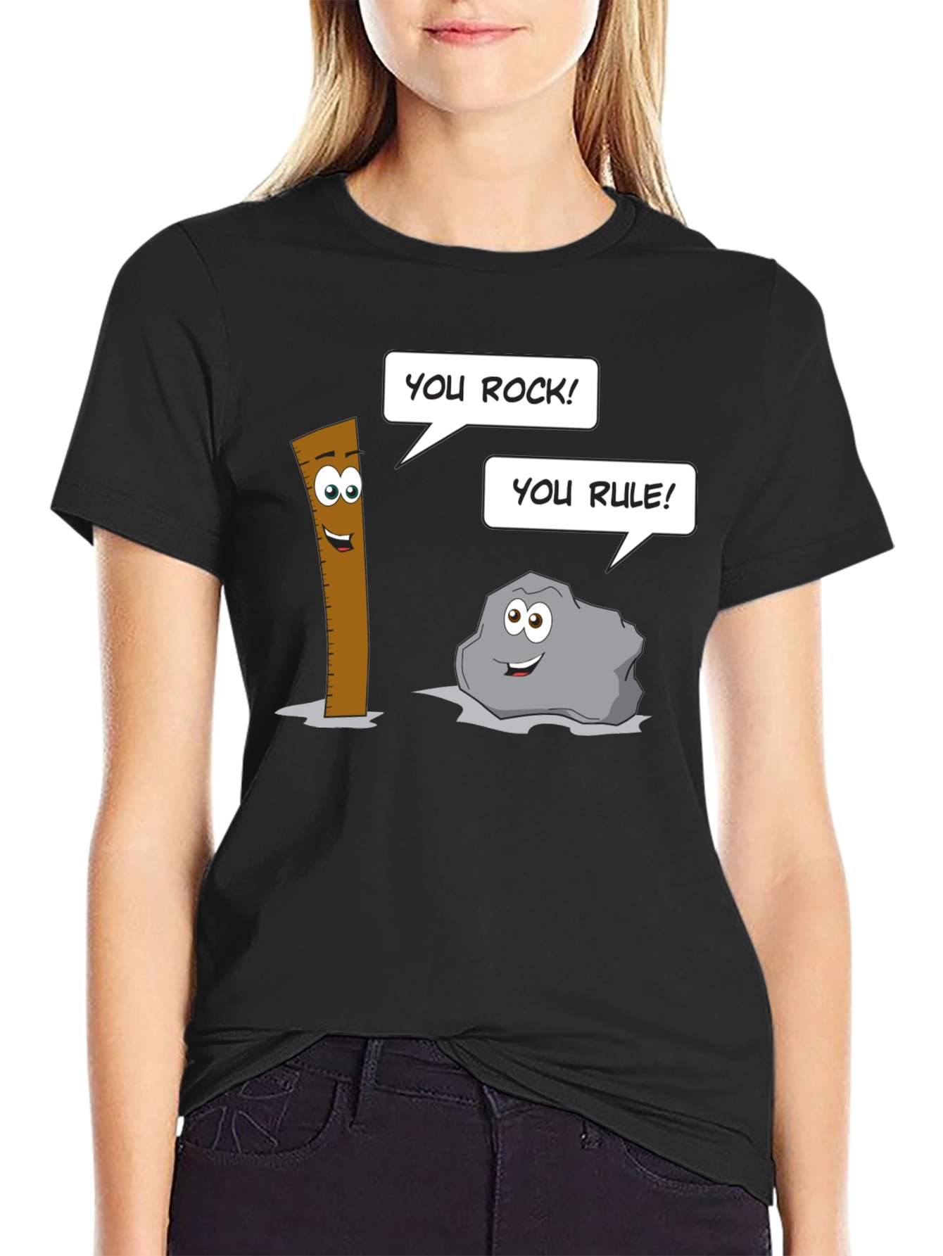 Black Humorous Cartoon Puns Rock Rule T-Shirt view 2