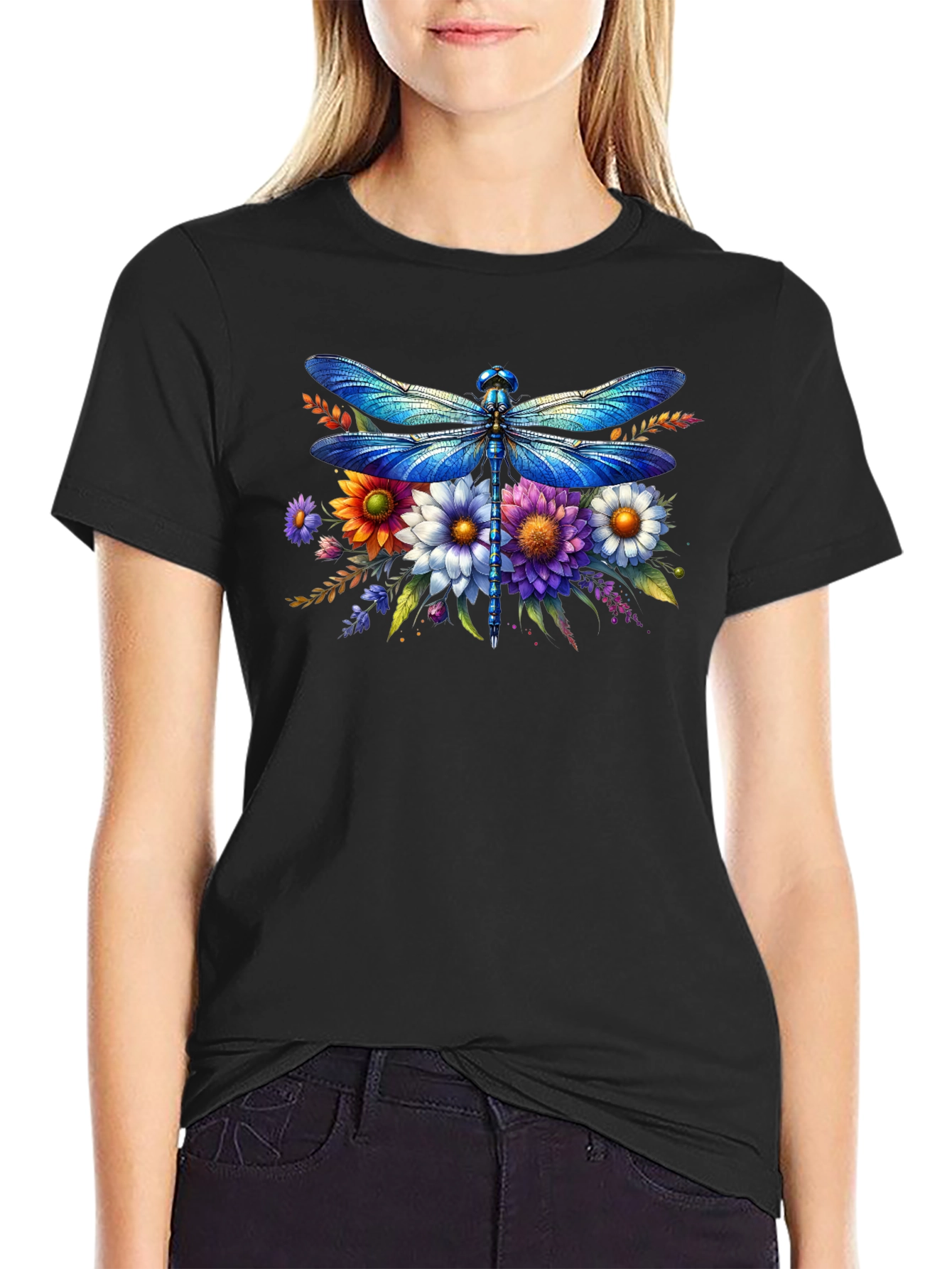 Black Dragonfly Floral Graphic Tee - Stylish Comfort view 2