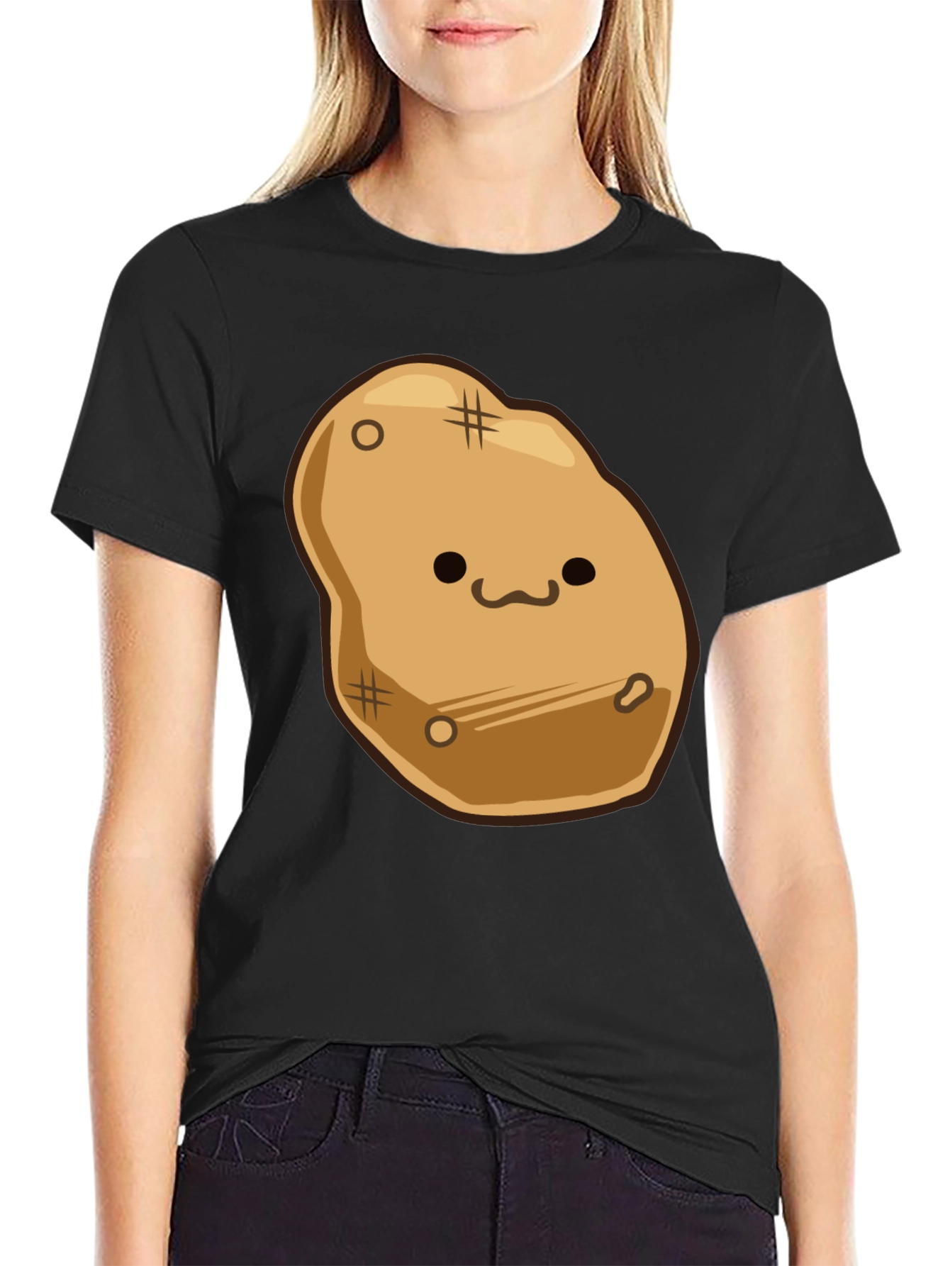 Black Cute Potato Graphic Print Black T-Shirt view 2