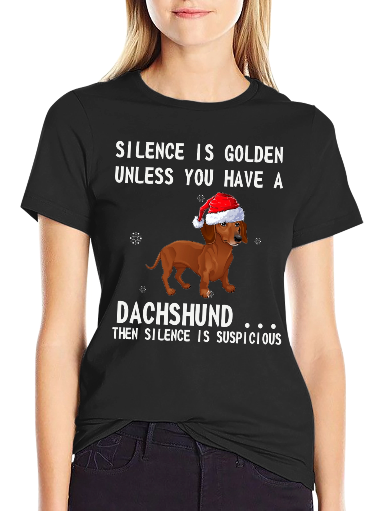 Black Dachshund Christmas T-Shirt - Silence is Suspicious! view 2