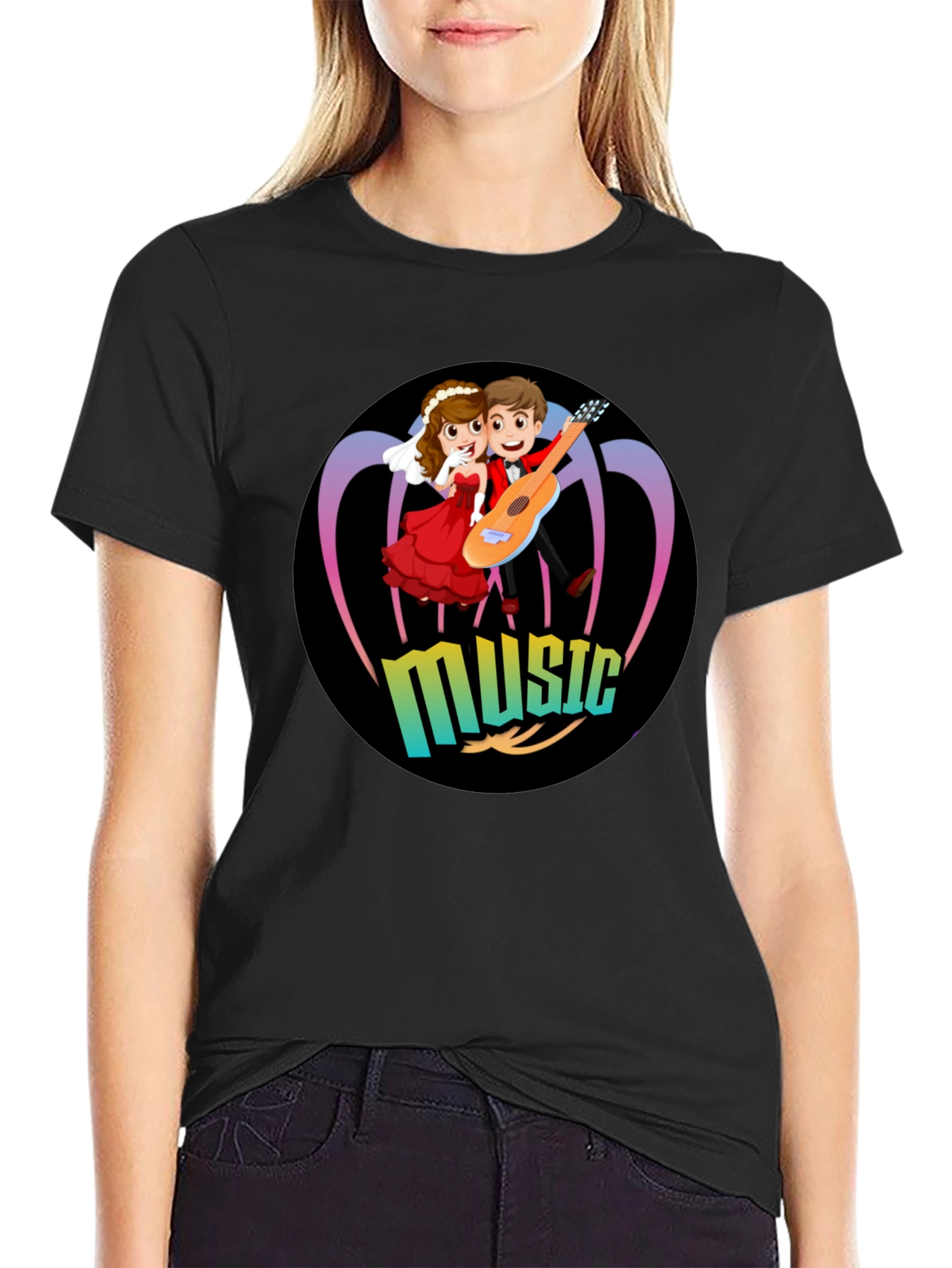 Black Cartoon Music Couple Black T-Shirt view 2