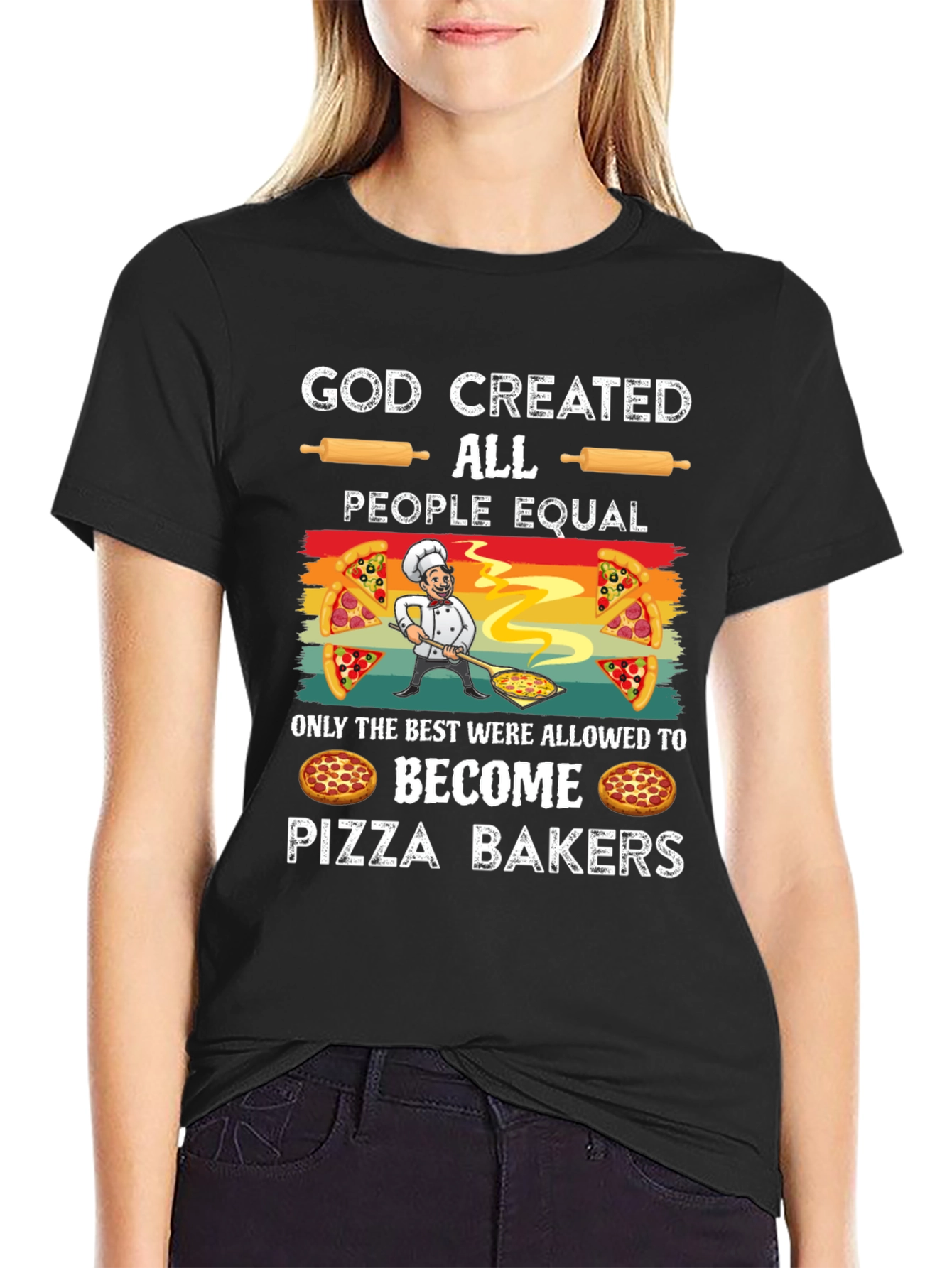 Black God Created Pizza Bakers Funny T-Shirt view 2