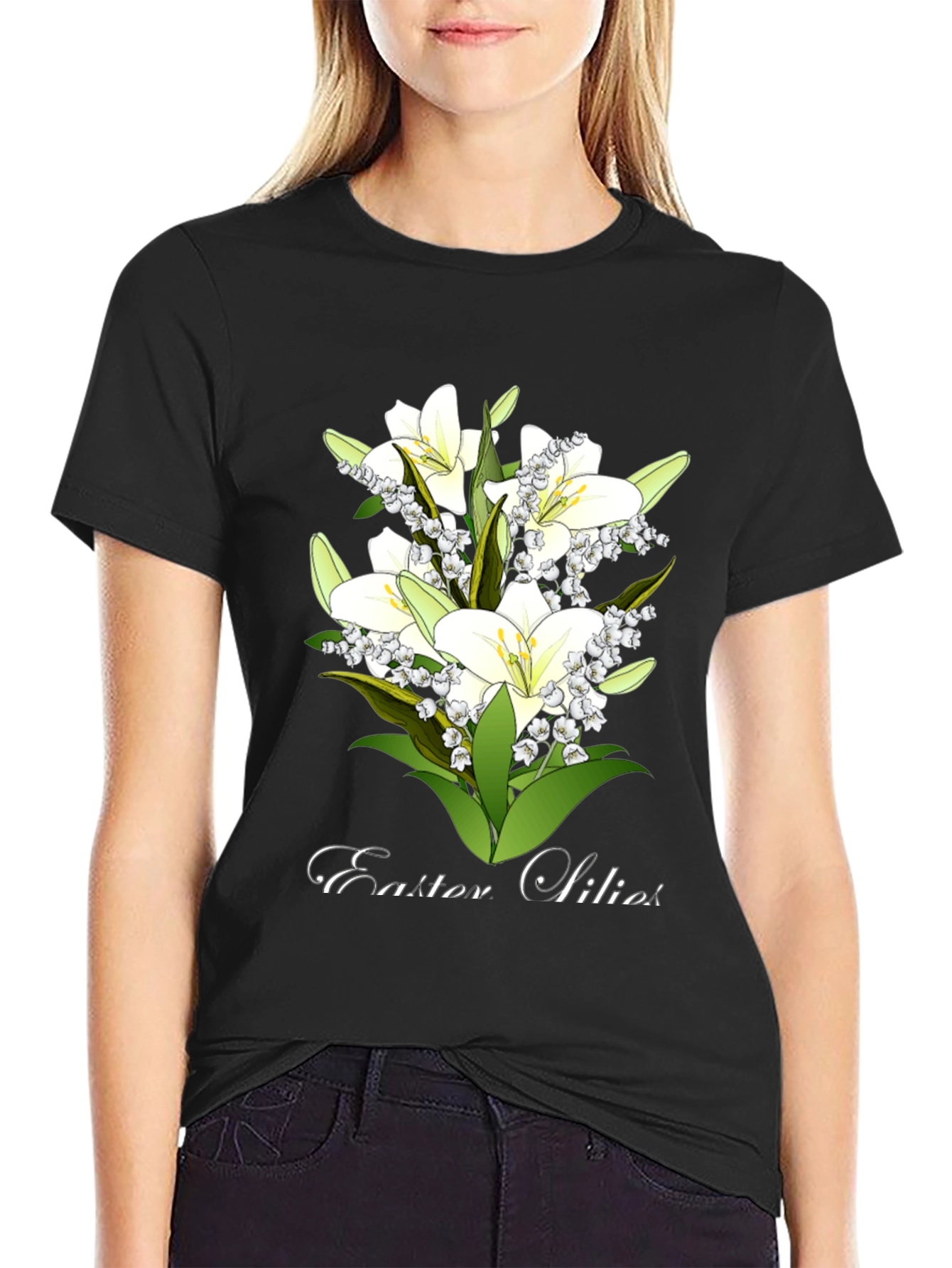 Black Easter Lilies T-Shirt - Floral Spring Design view 2