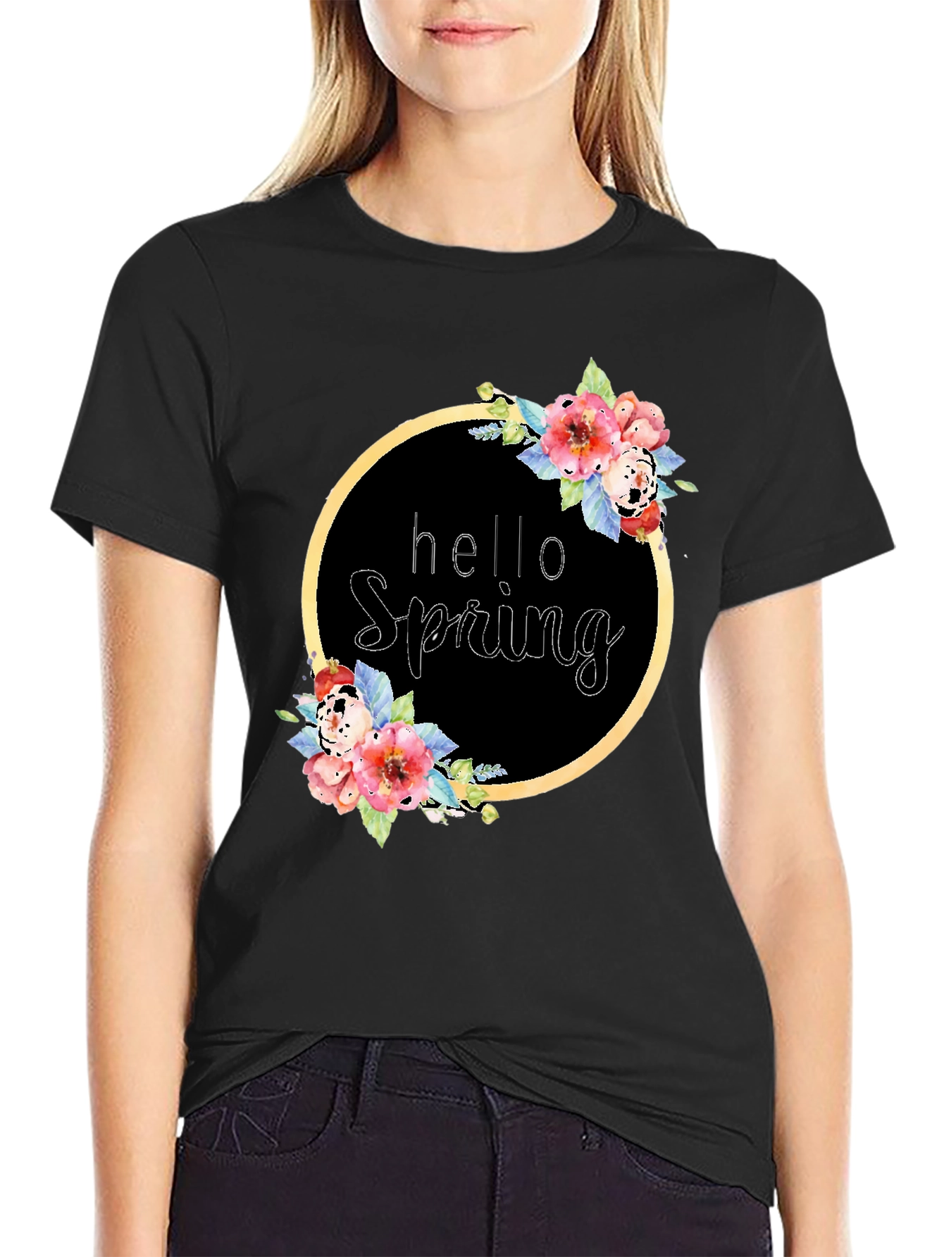 Black Hello Spring Floral Wreath T-Shirt view 2