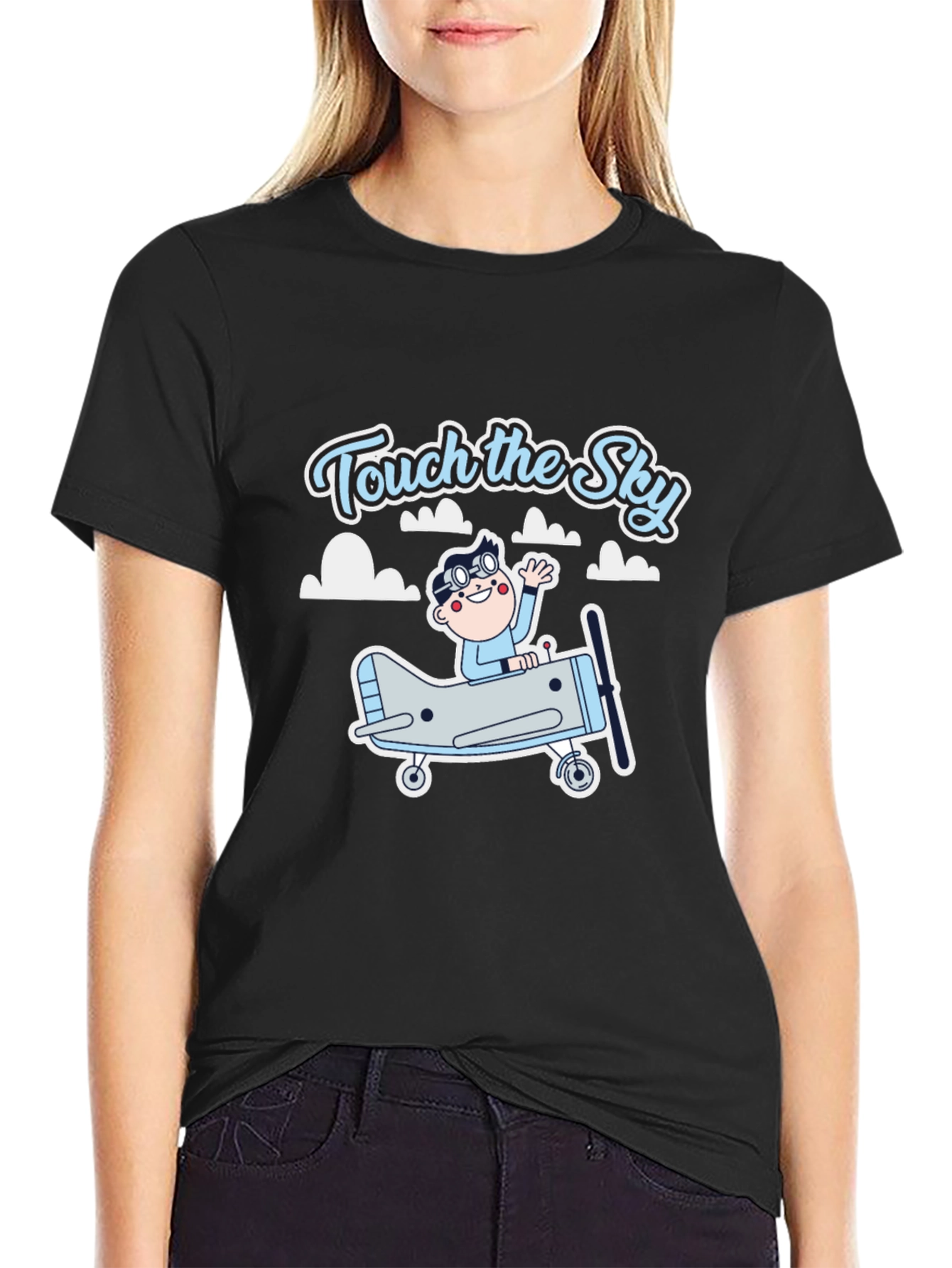Black Touch the Sky T-Shirt - Airplane & Pilot Design view 2