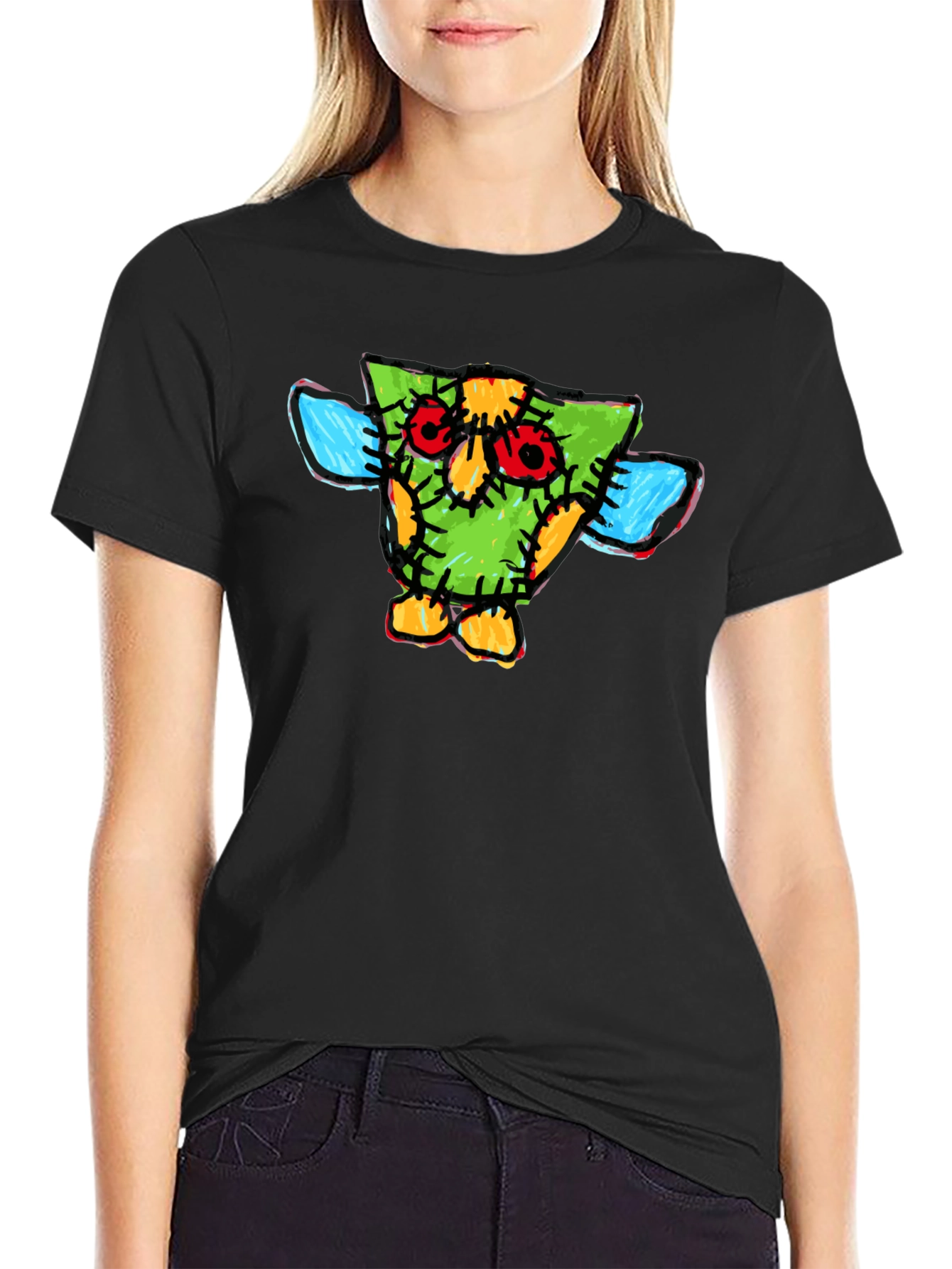 Black Funky Cartoon Owl T-Shirt view 2