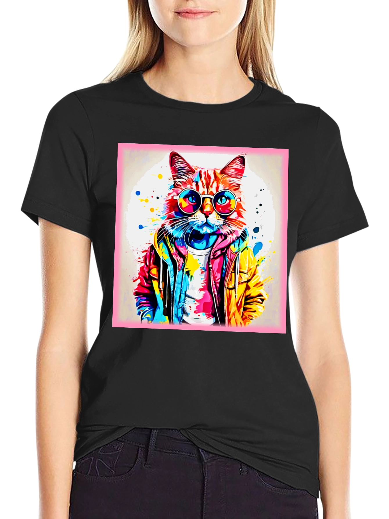 Black Cool Cat Graphic Tee - Colorful Art Design view 2