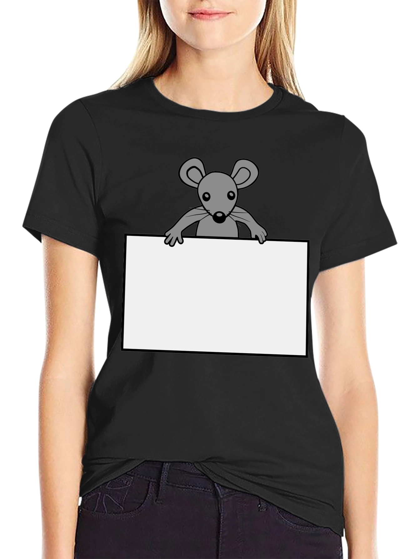 Black Cute Mouse Graphic Tee - Black Cotton T-Shirt view 2