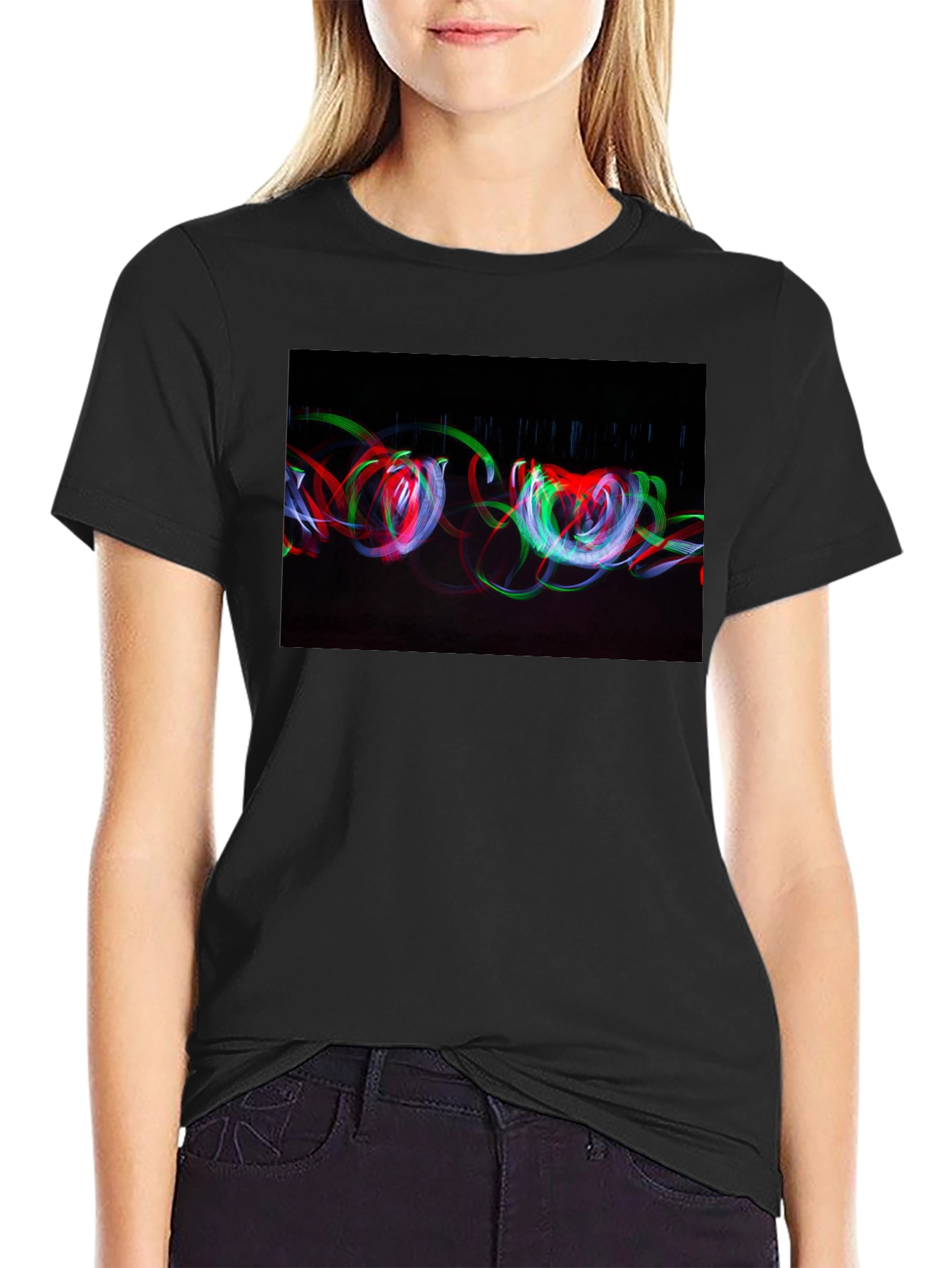 Black Abstract Light Painting Graphic Tee - Black Cotton Blend view 2