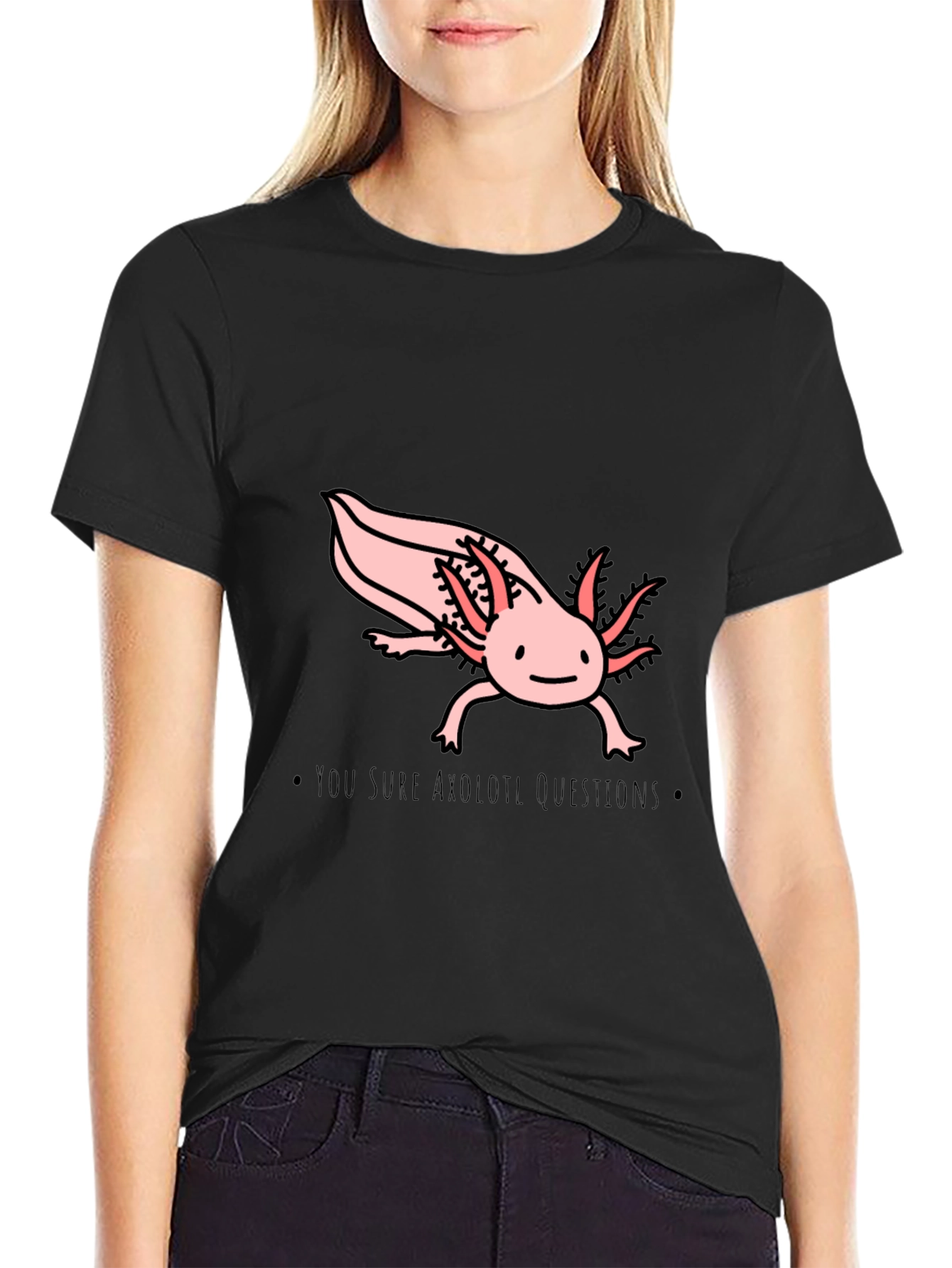 Black Axolotl Questions T-Shirt - Black Cotton Crew Neck view 2
